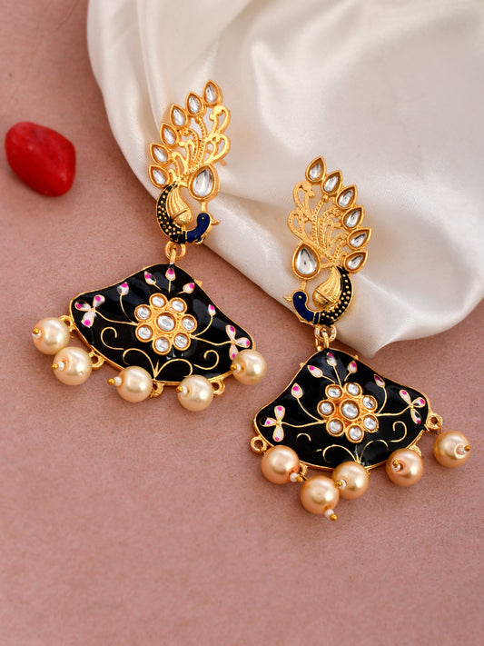 Gold Plated Handpainted Kundan Ethnic Peacock Drop Earrings for Women Online