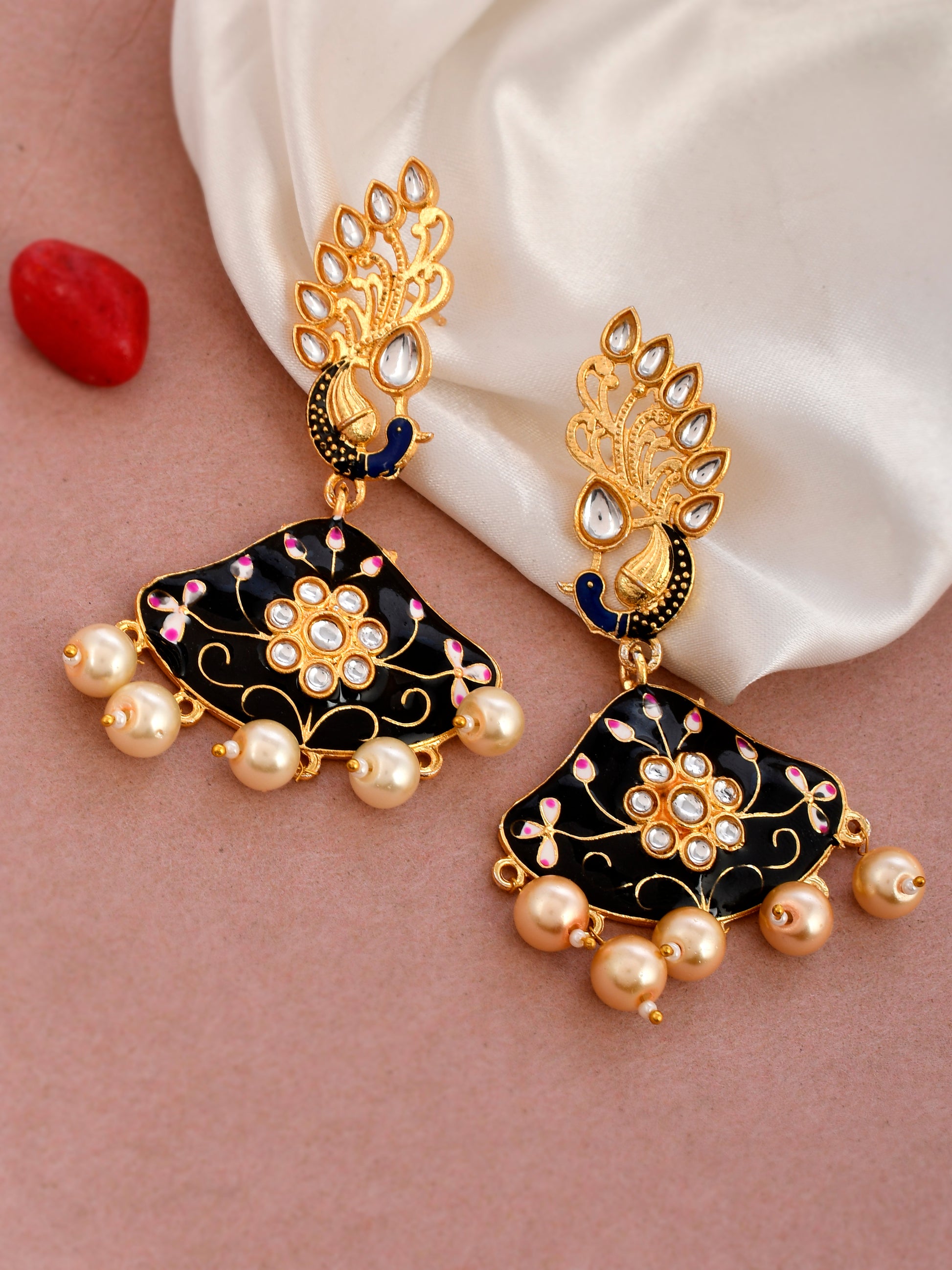 Gold Plated Handpainted Kundan Ethnic Peacock Drop Earrings for Women Online