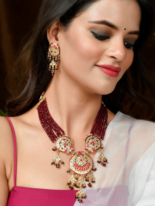 Gold Plated & Red Beaded Traditonal Jewellery Sets for Women Online