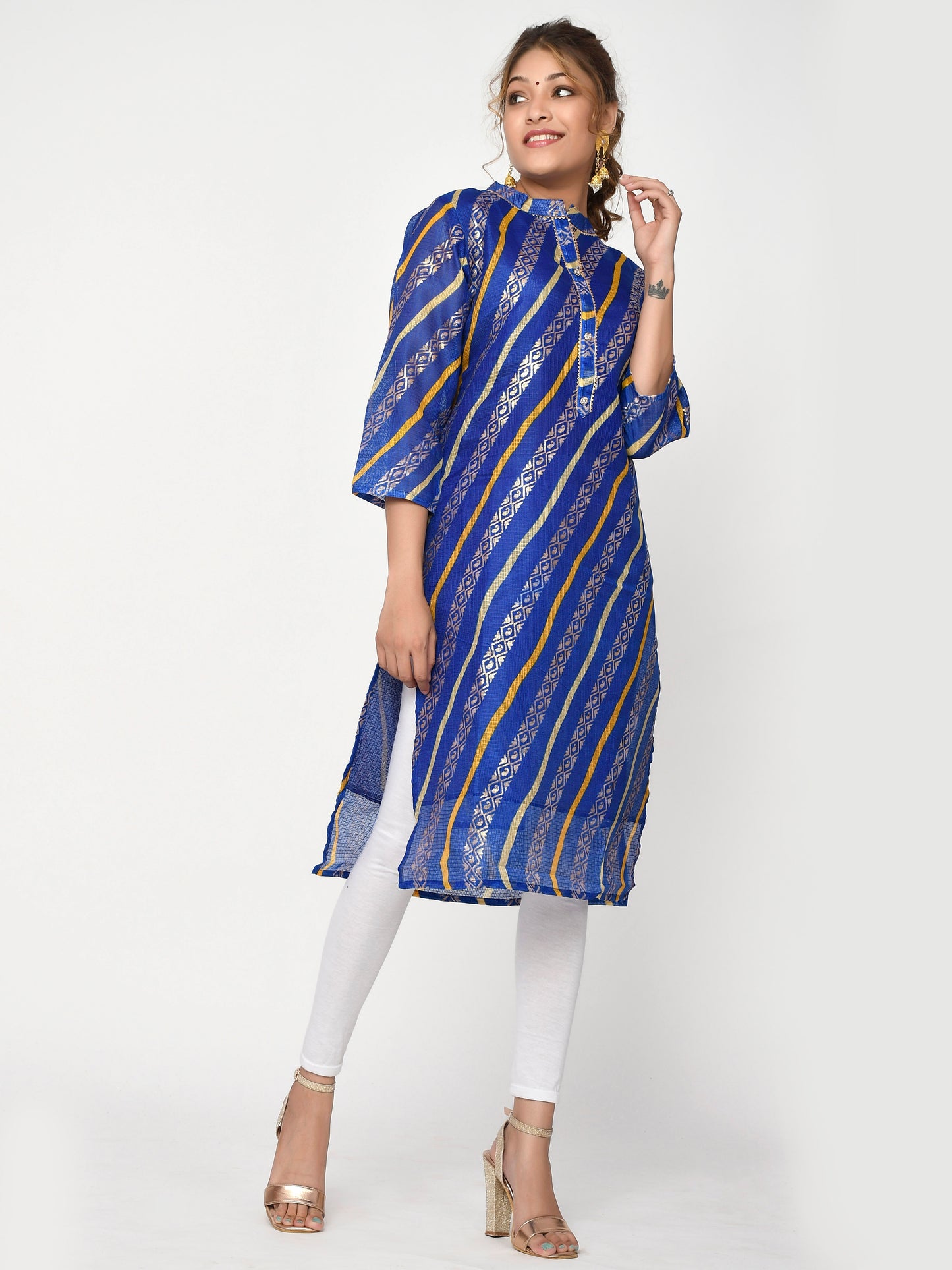 Women Orange & Gold Leheriya Straight Blue Kurta for Girls for Women Online