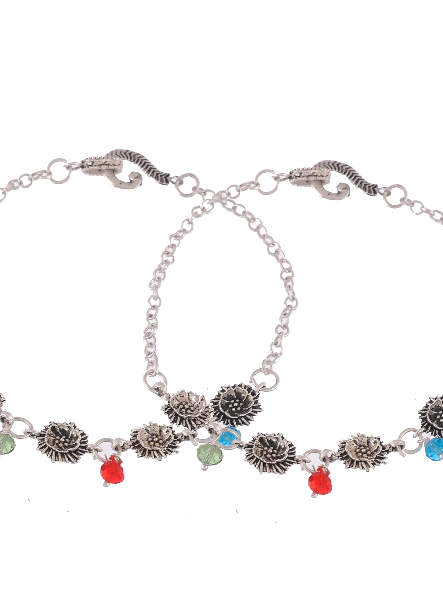 Set Of 2 Silver Plated Blue Red Stone Studded Enamelled Anklets