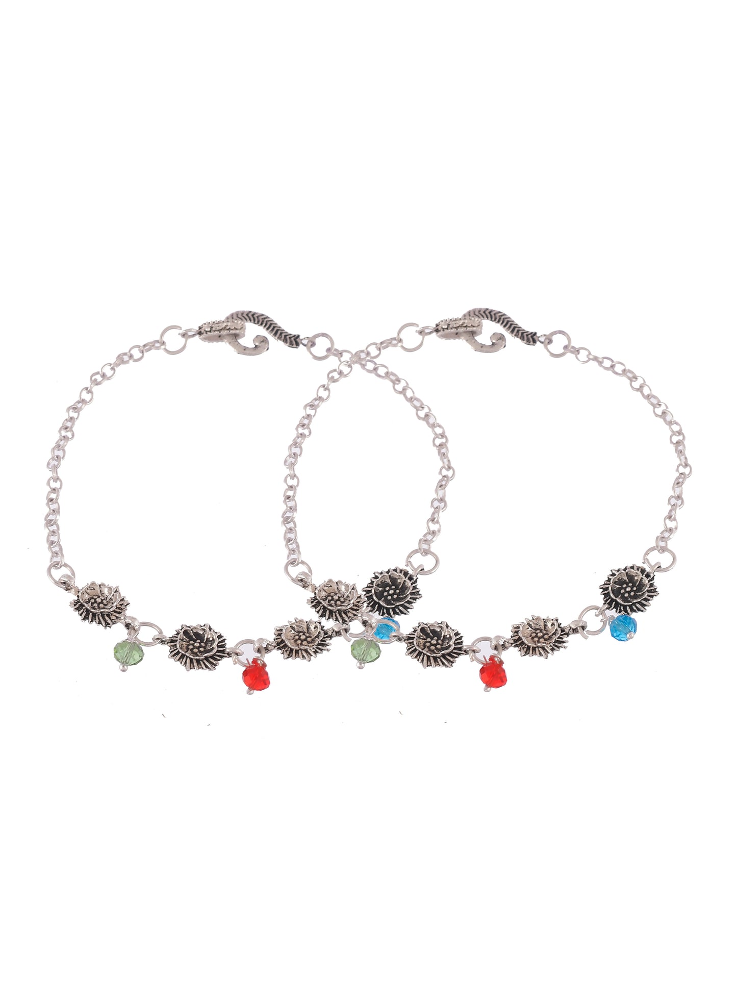 Set Of 2 Silver Plated Blue Red Stone Studded Enamelled Anklets