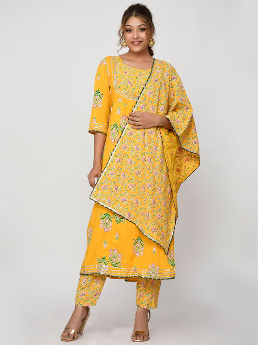 Yellow and Green Mirror Work Floral Printed Flared Gota Kurta With Trouser and Dupatta Kurta Set for Women Online