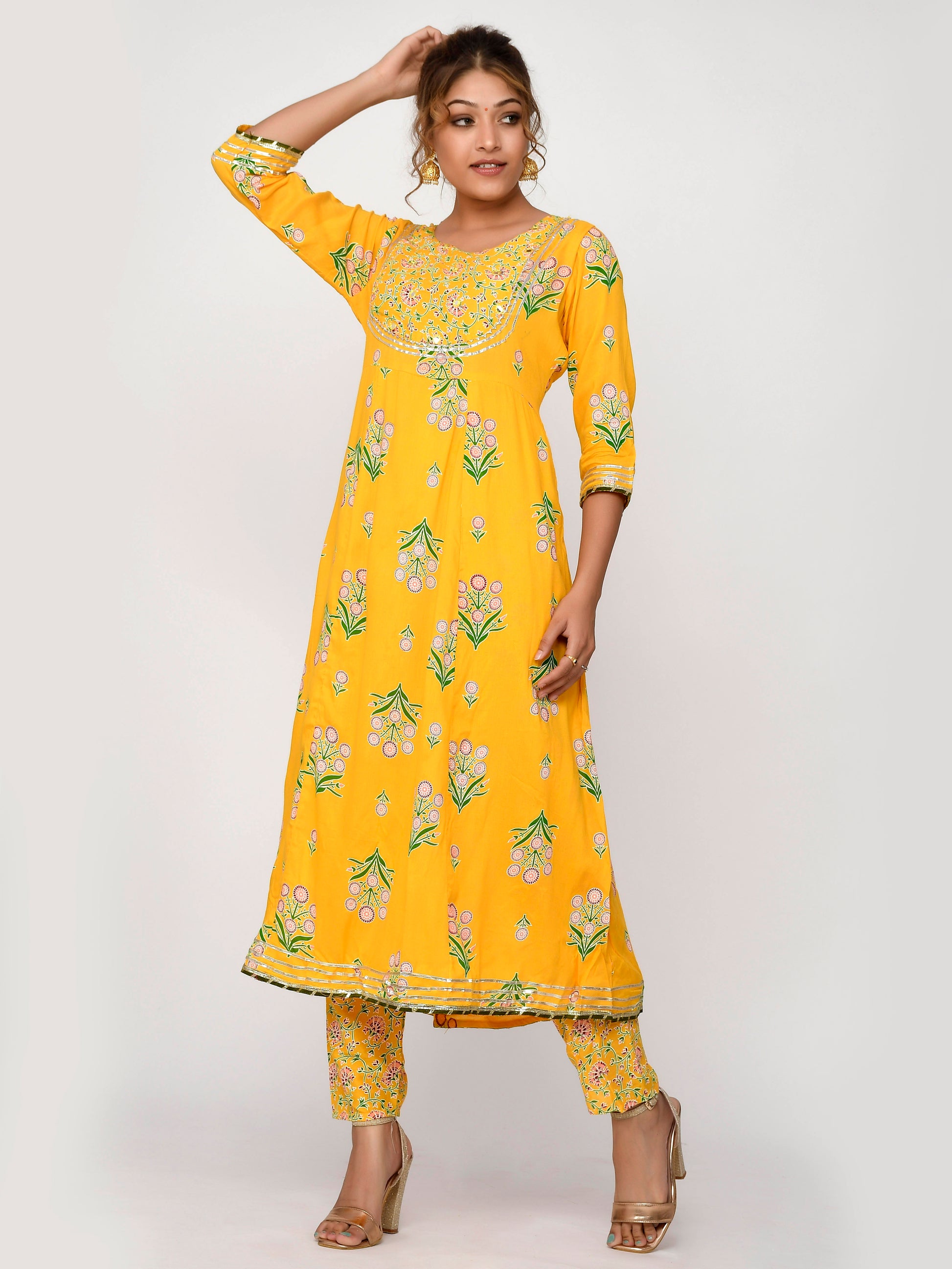 Yellow And Green Mirror Work Floral Printed Flared Gota Kurta With Trouser And Dupatta