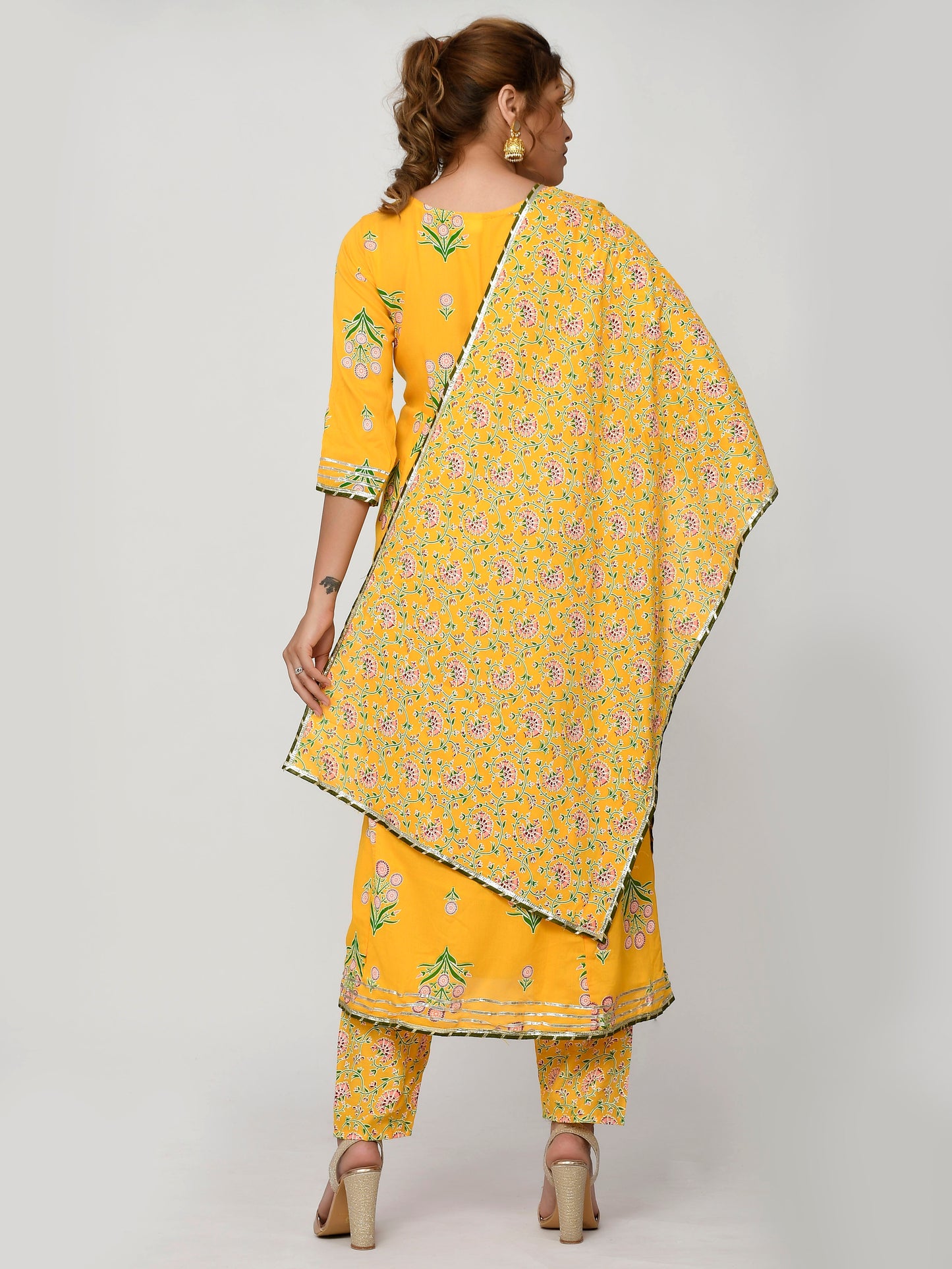 Yellow And Green Mirror Work Floral Printed Flared Gota Kurta With Trouser And Dupatta