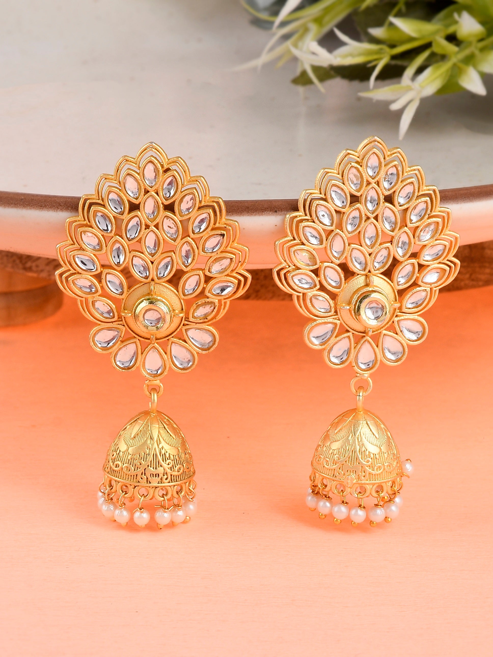 Gold Plated Pearl Classic Kundan Jhumkas Earrings