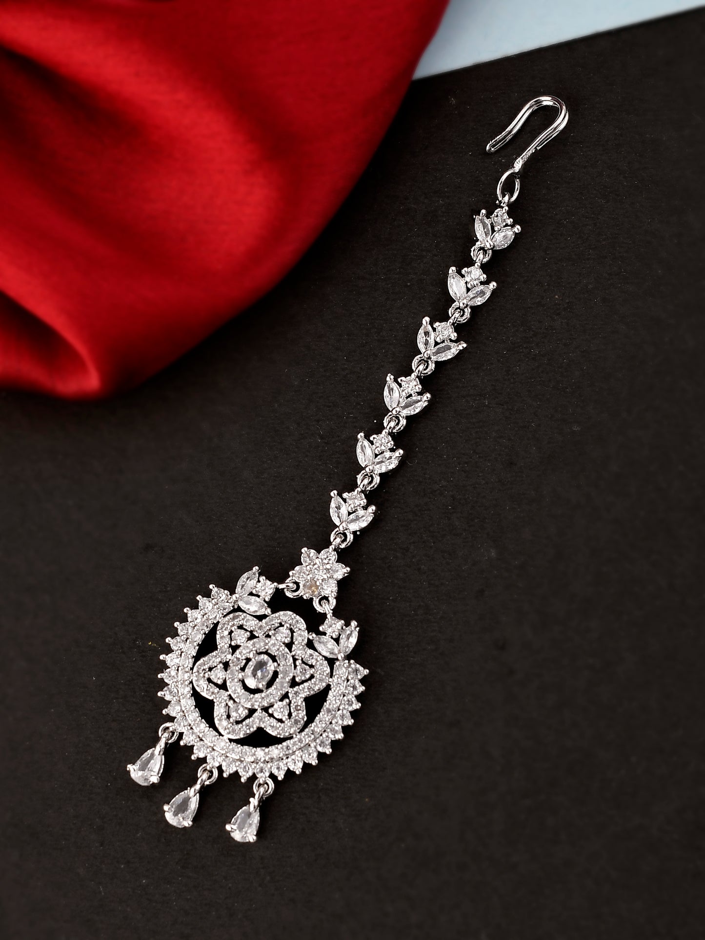 Silver Plated American Diamond Studded Handcrafted Maang Tikka for Women Online