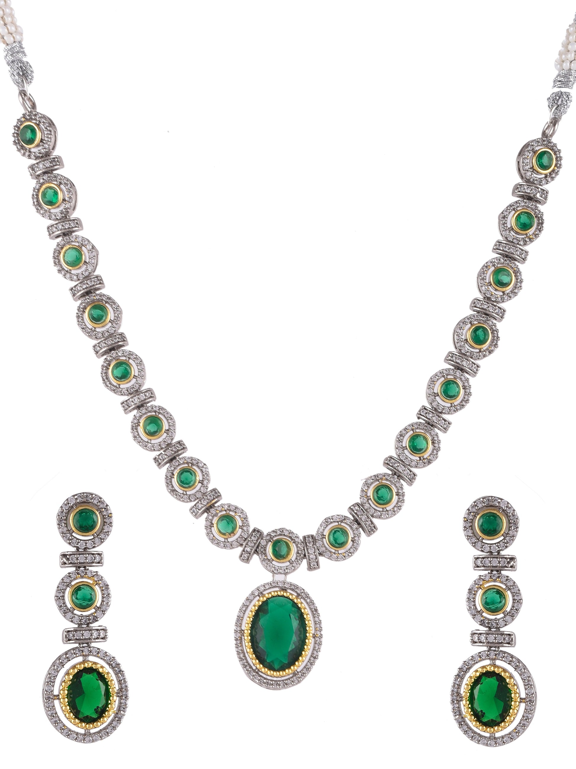 Silver Plated Emerald Green Stone Stubbed Ad jewellery set