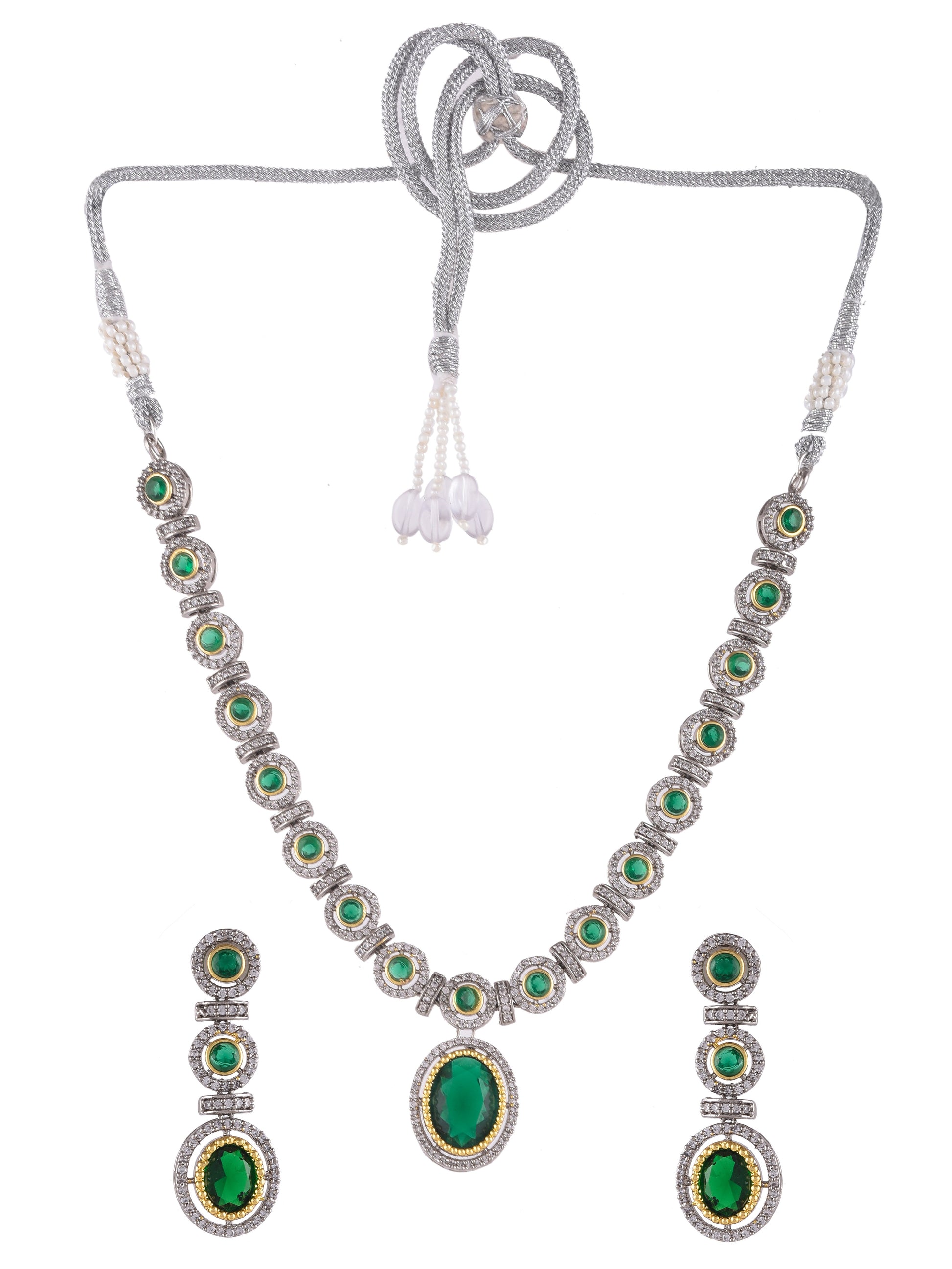 Silver Plated Emerald Green Stone Stubbed Ad jewellery set