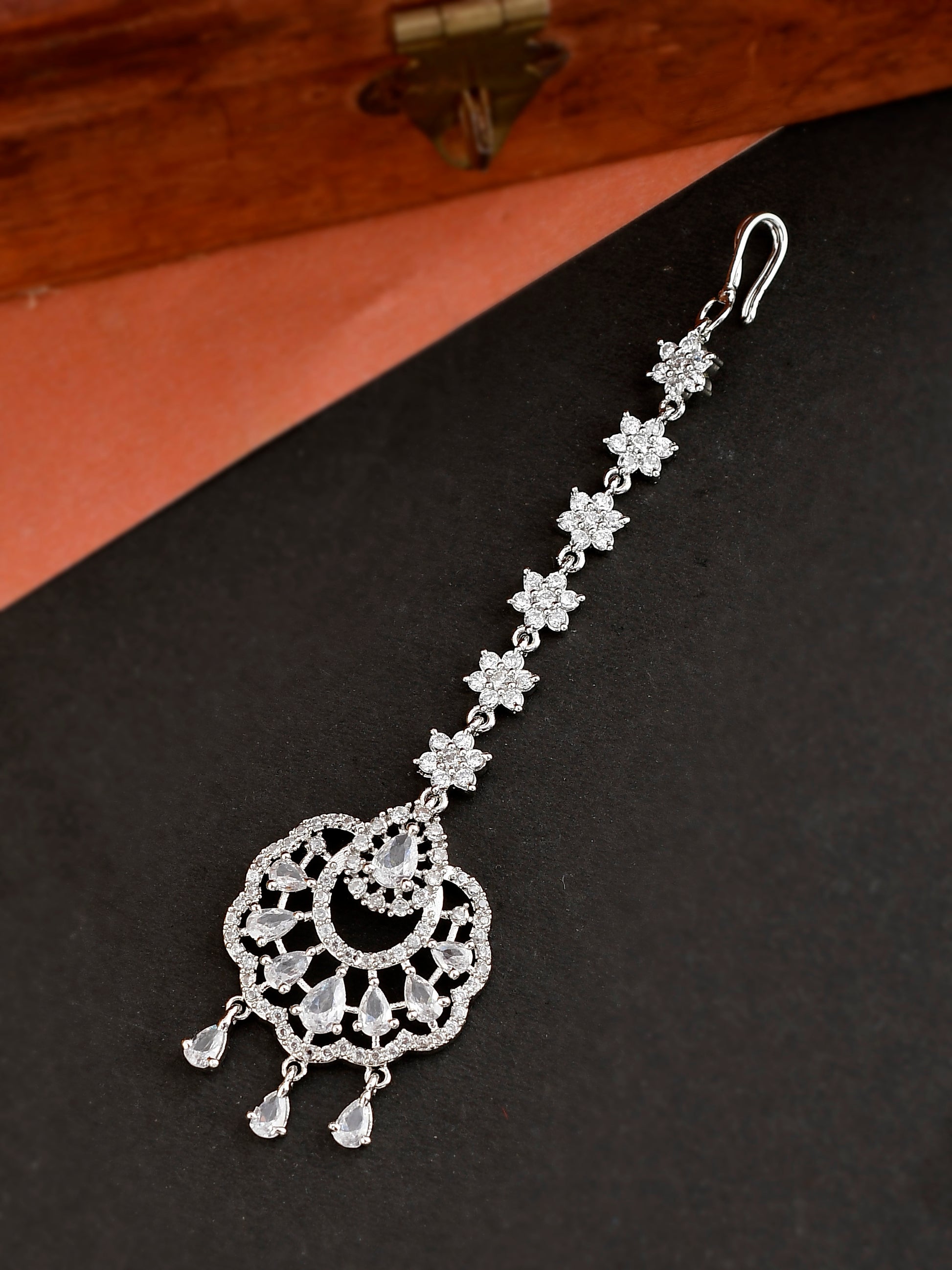 Silver Plated White American Diamond Studded Floral Maang Tikka for Women Online