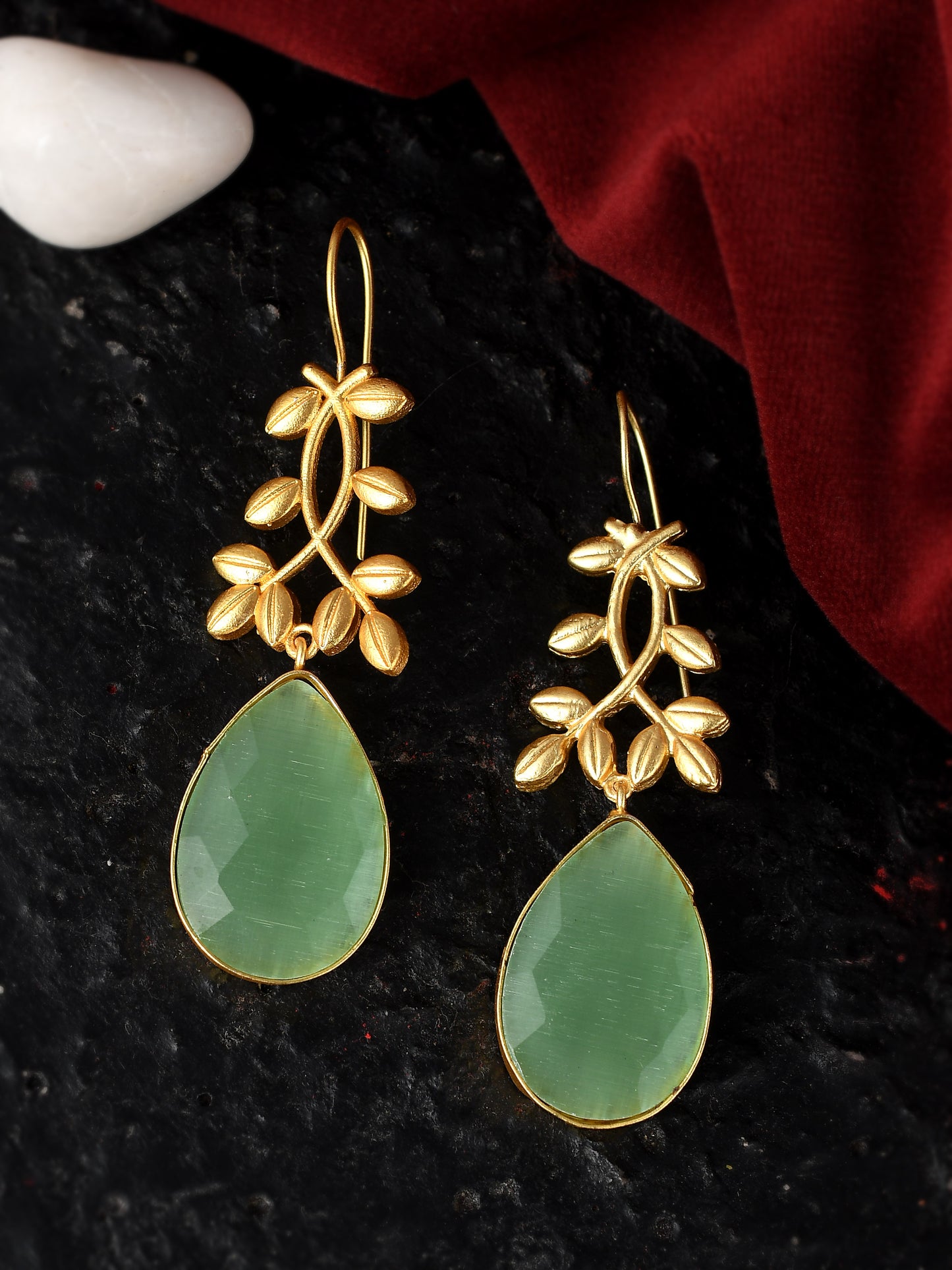 Gold Plated Green Stone Stuubed Artificial Stylish Drop Dangle Earrings For Women