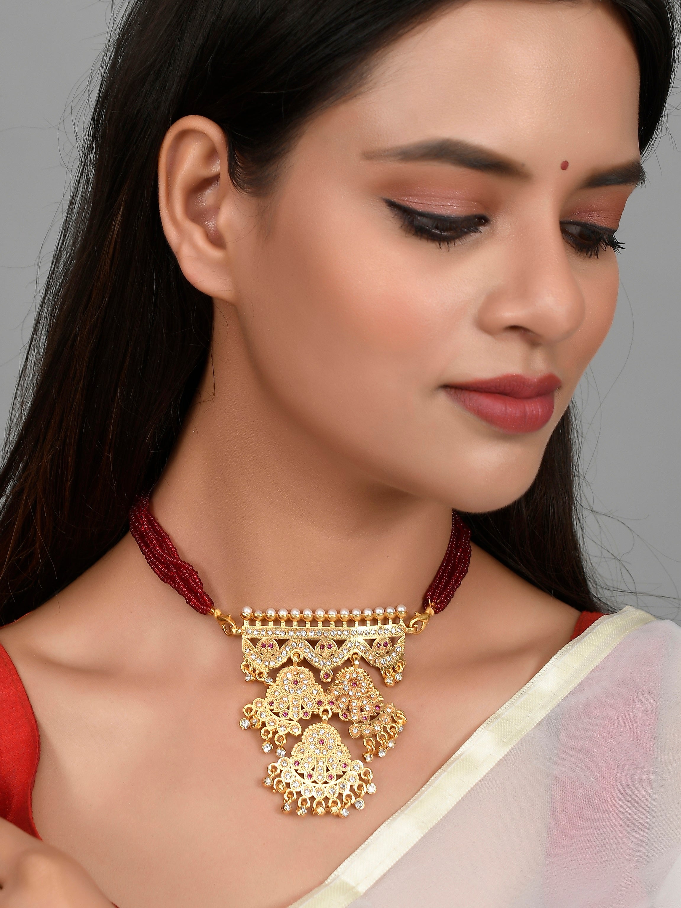 Shop Rubans Gold Plated Godess Laxmi Pendant Necklace Set. Online at Rubans