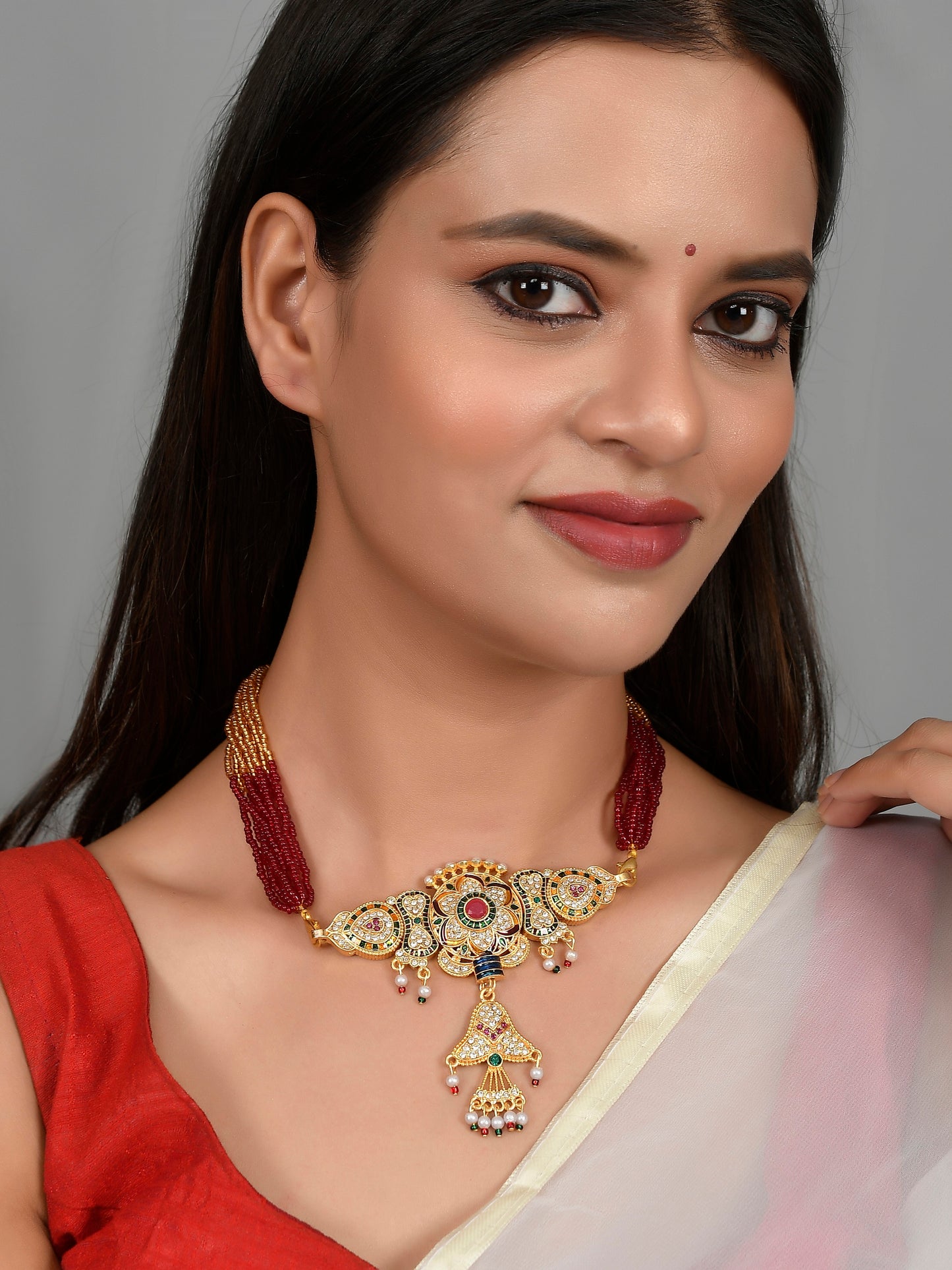 Gold Plated Rajputi Ethnic Layered Red Beads Long gold plated necklace