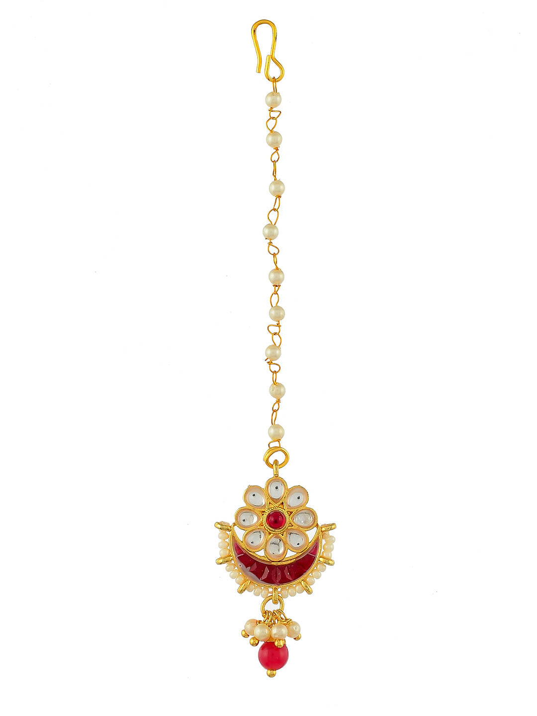 Gold Plated Red Indian Bridal Kundan Pearl Maang Tikka