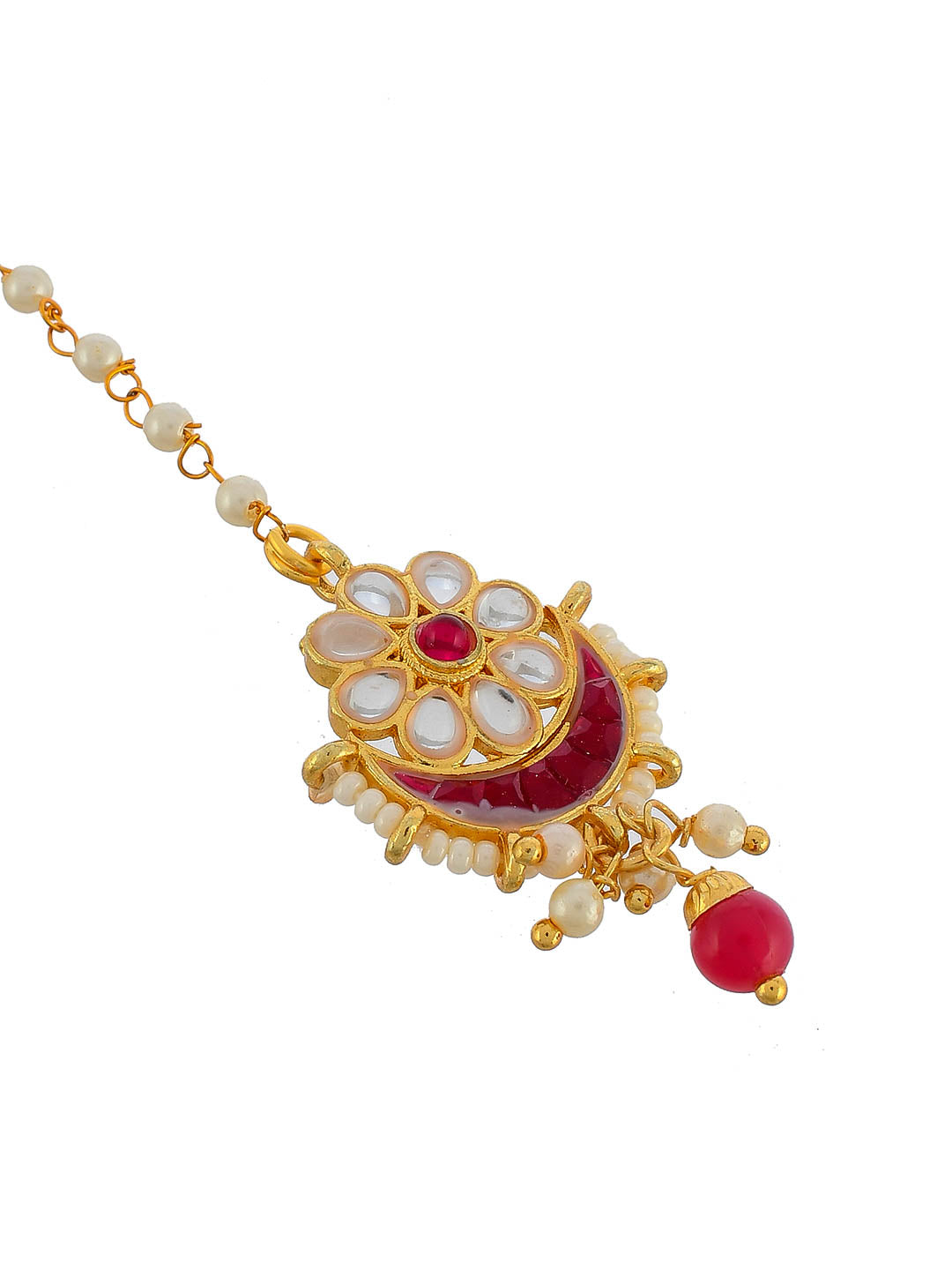 Gold Plated Red Indian Bridal Kundan Pearl Maang Tikka