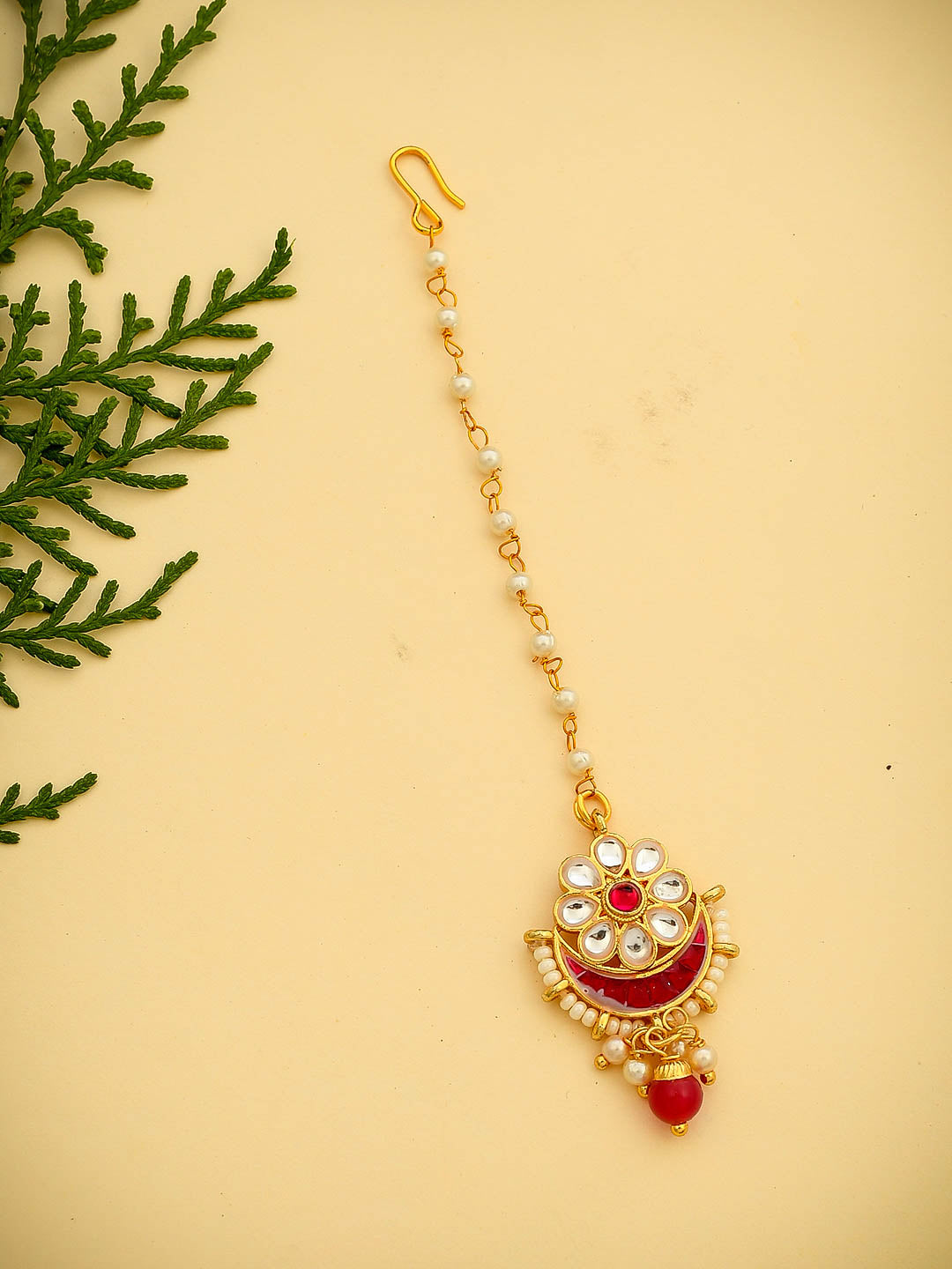 Gold Plated Red Indian Bridal Kundan Pearl Maang Tikka