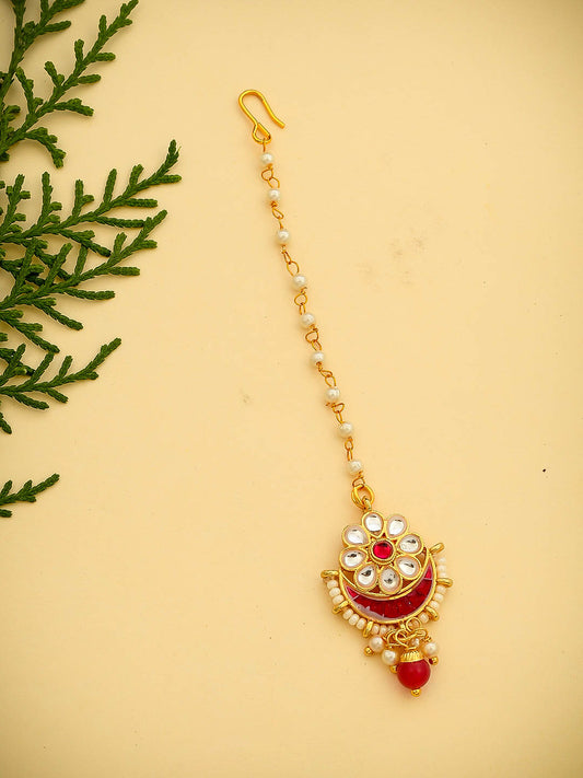 Red Indian Bridal Gold Plated Kundan Pearl Maang Tikka Head Jewellery for Women Online