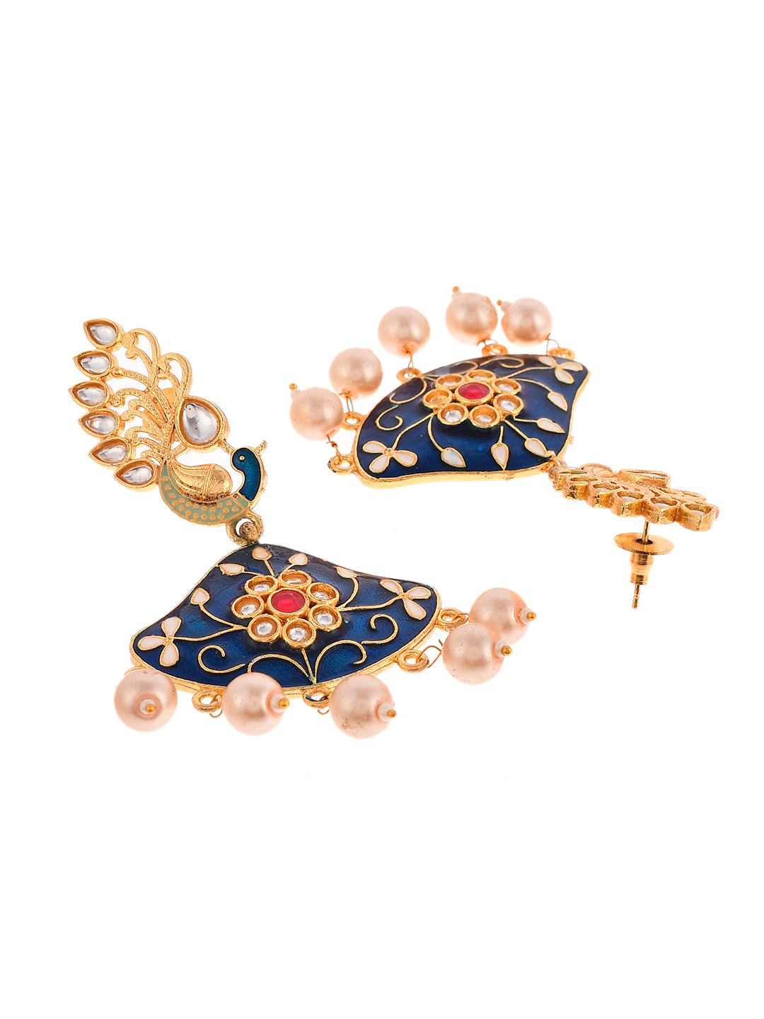 Gold Plated Traditional Peacock Design Hand Painted Drop Earrings