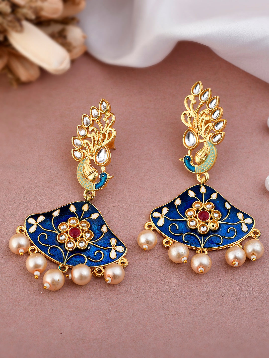 Gold Plated Traditional Peacock Design Hand Painted Drop Earrings