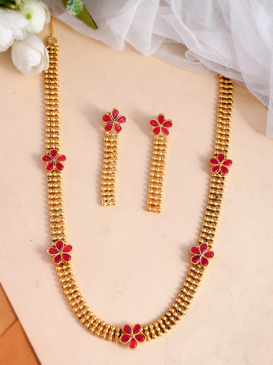 Gold Plated Floral Handcrafted Long Jewellery Set