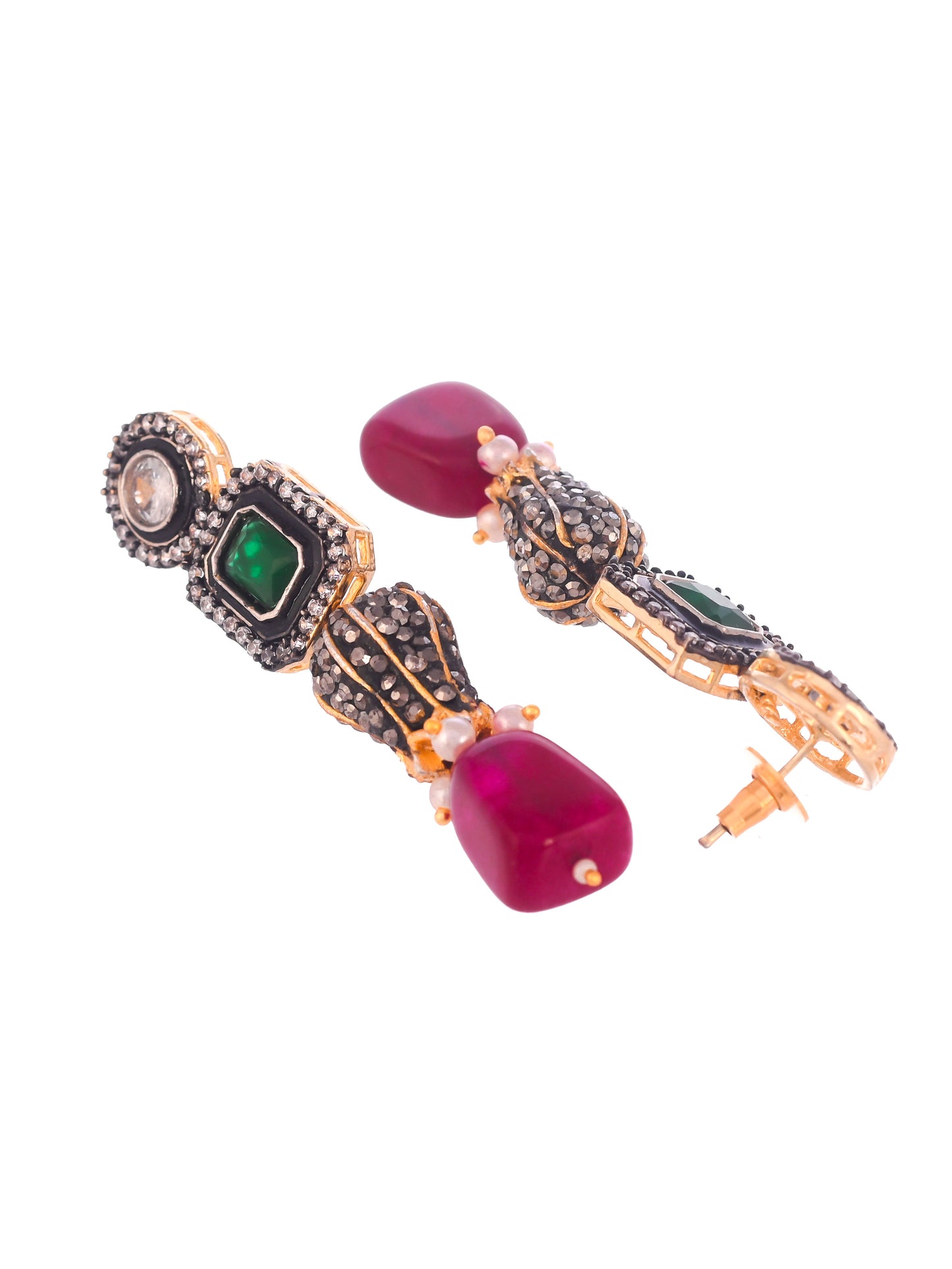 Gold Plated Red Green Artificial Stones Studded Jewellery Set