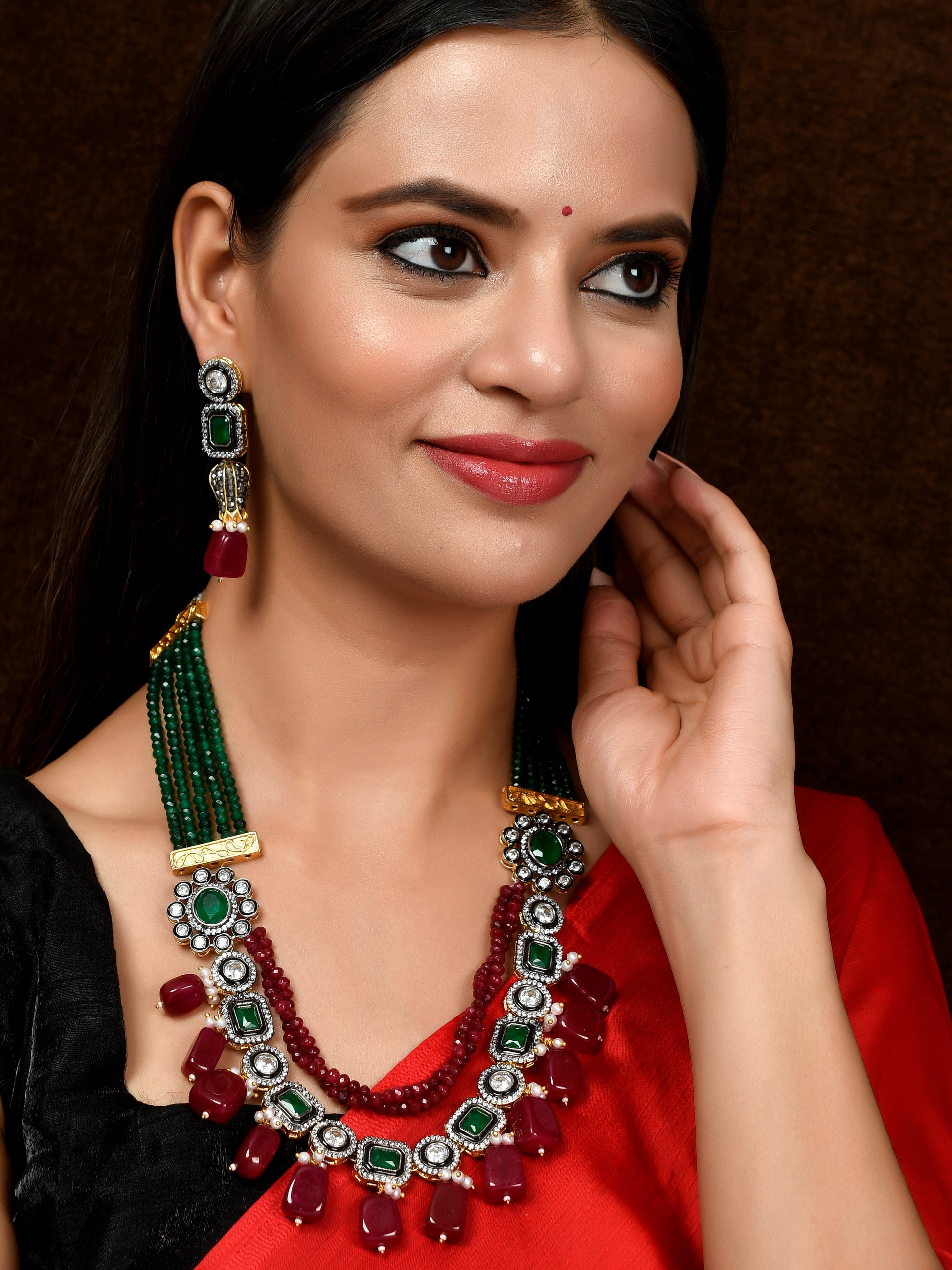 Gold Plated Red & Green Artificial Stones Studded Jewellery Sets for Women Online