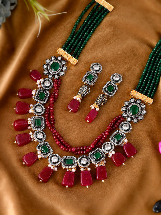 Gold Plated Red Green Artificial Stones Studded Jewellery Set