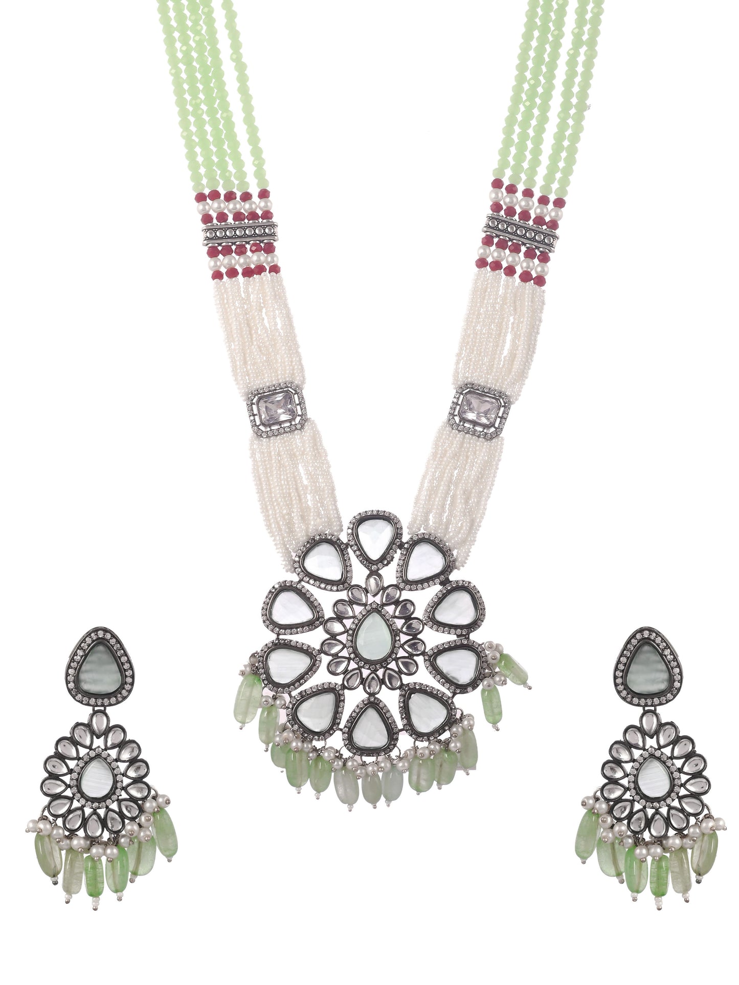 Silver Plated White Green Artificial Stone Studded Jewellery Set