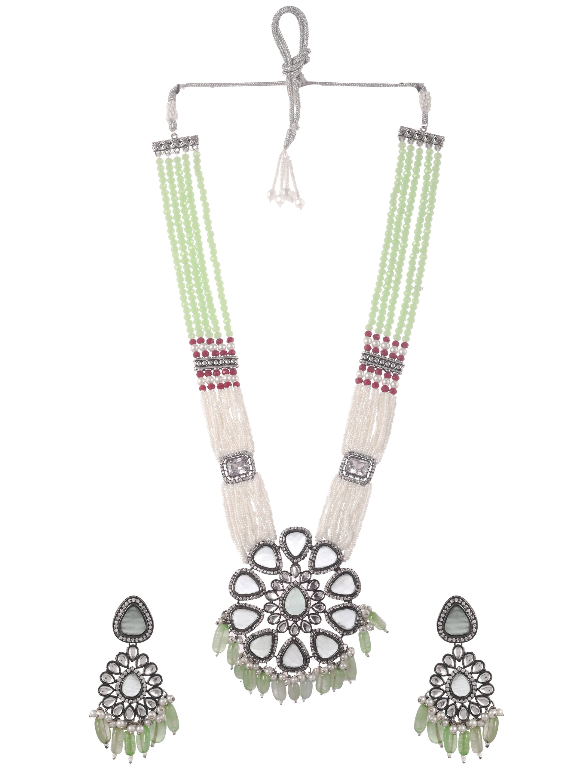 Silver Plated White Green Artificial Stone Studded Jewellery Set