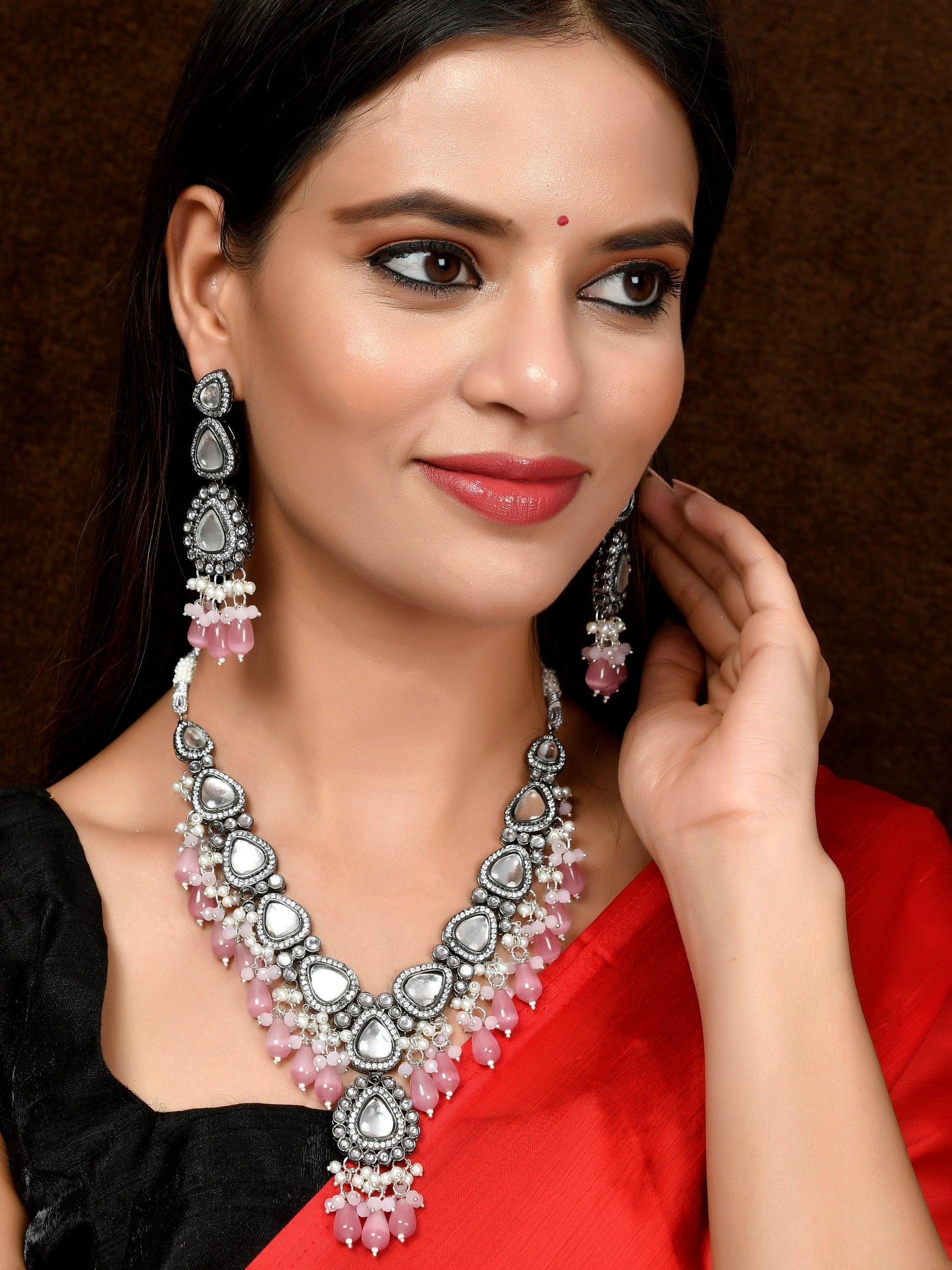 Buy Silver Plated Pink Artificial Stone Studded Jewellery Sets