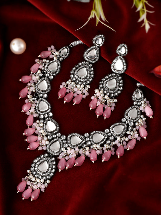 Silver Plated Pink Artificial Stone Studded Jewellery Set