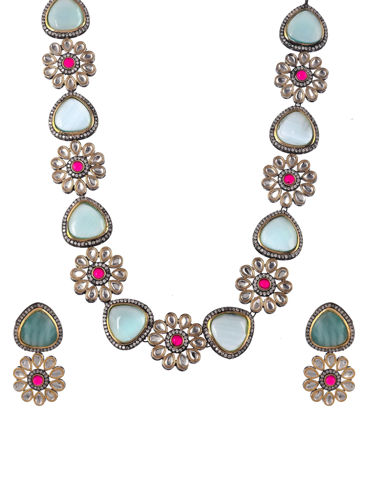 Gold Plated Blue White Kundan Studded Floral Jewellery Set