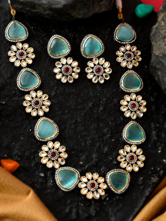Gold Plated Blue White Kundan Studded Floral Jewellery Set
