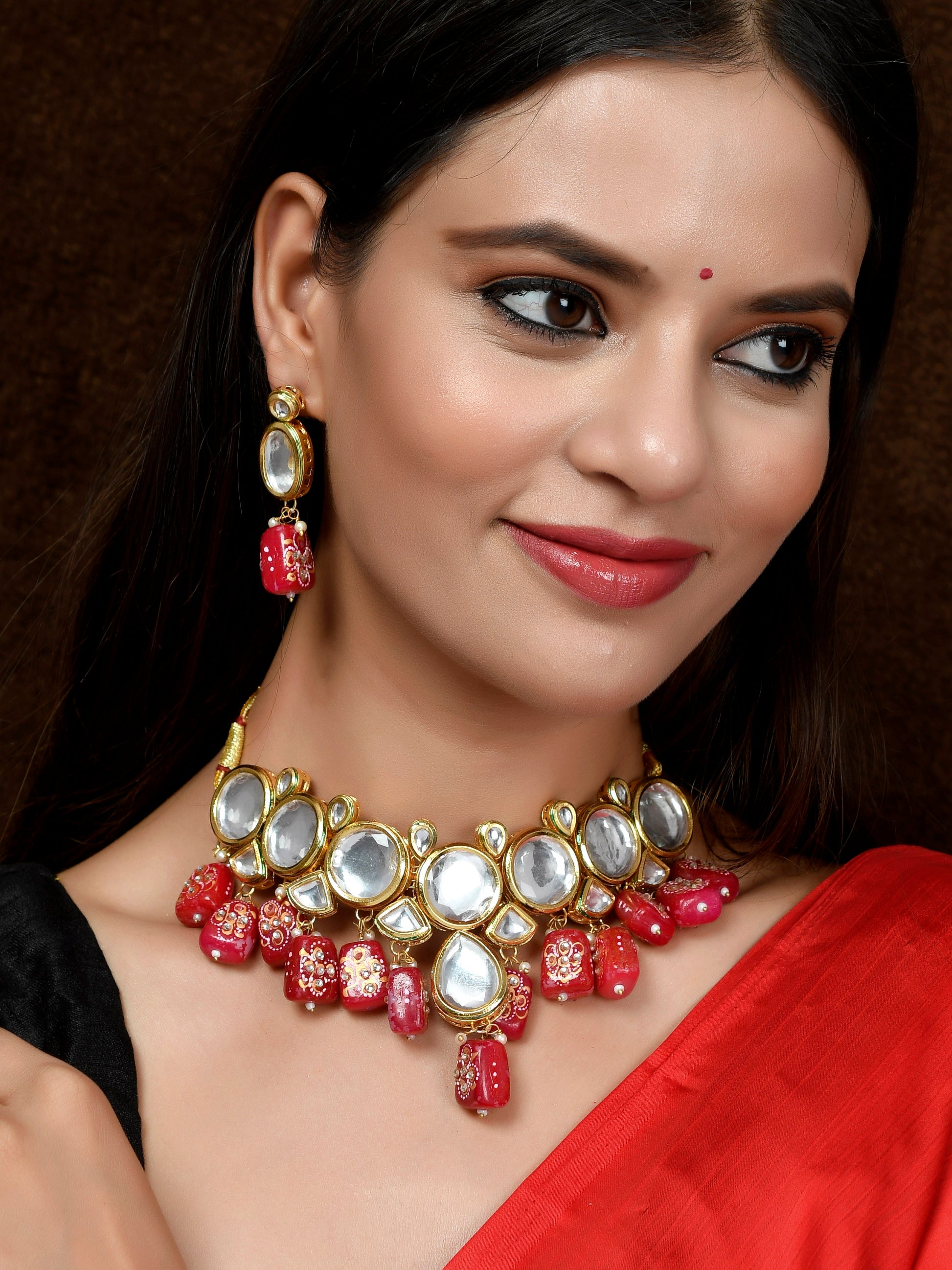 Gold Plated Red Kundan Stone Studded Beaded Traditional Jewellery Set