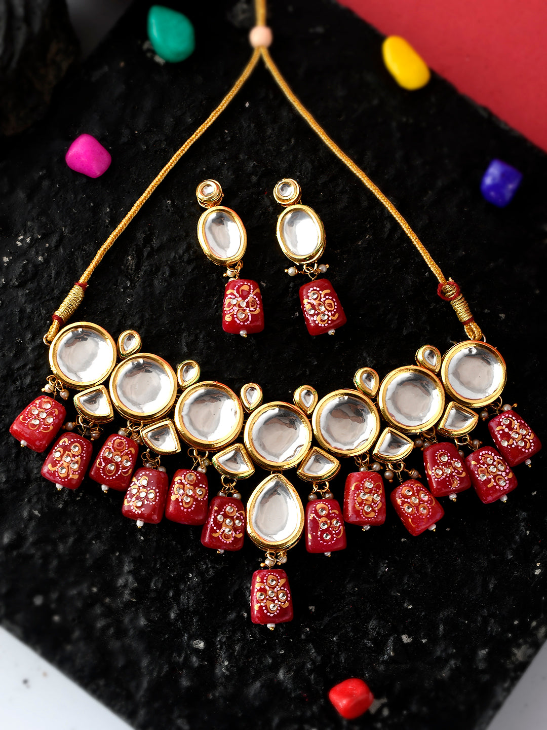 Gold Plated Red & Kundan Stone Studded Beaded Traditional Jewellery Sets for Women Online