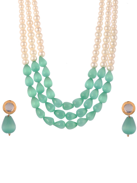 Gold Plated Green Pearl Beaded Layered Long Jewellery Set