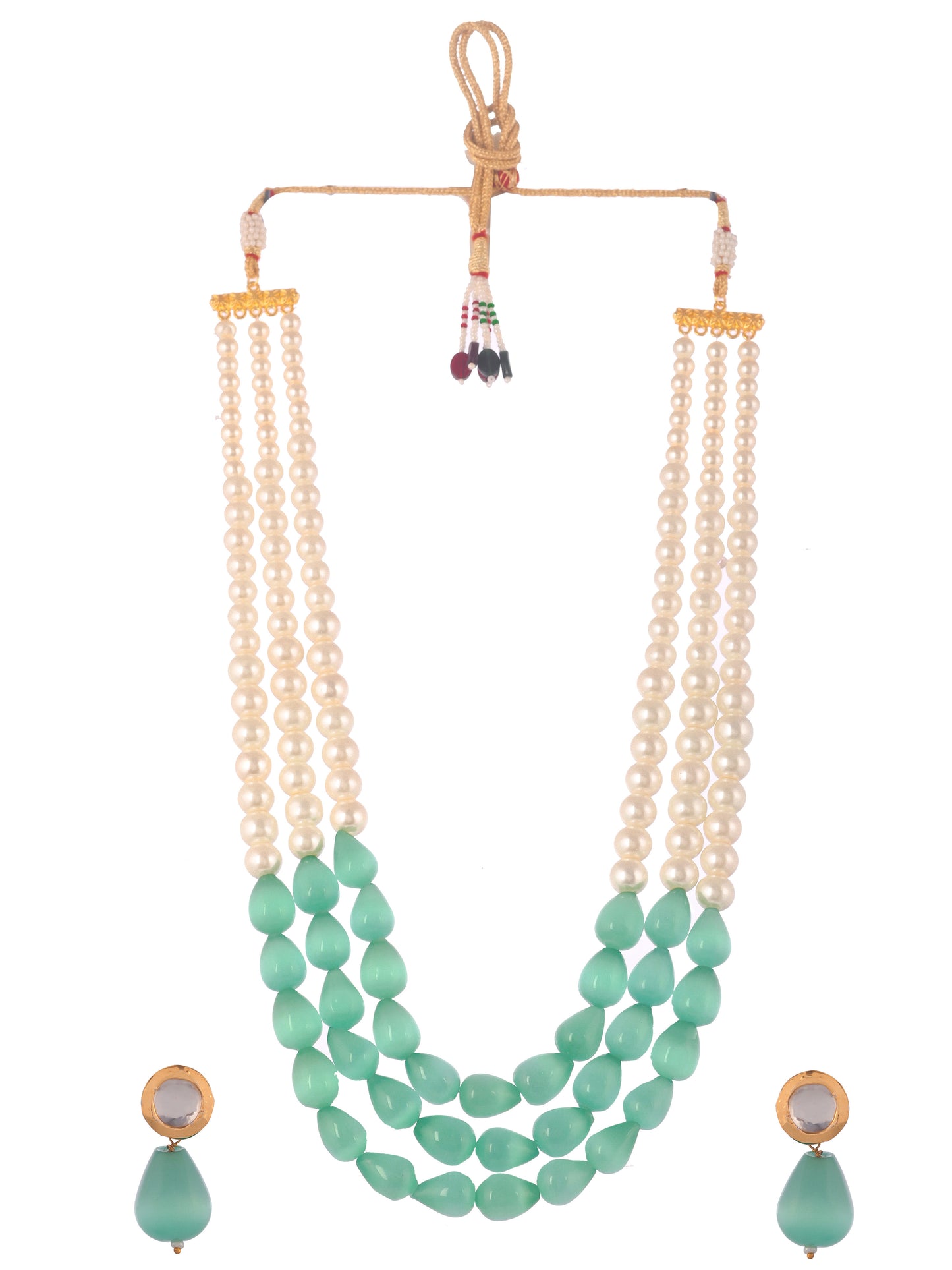 Gold Plated Green Pearl Beaded Layered Long Jewellery Set