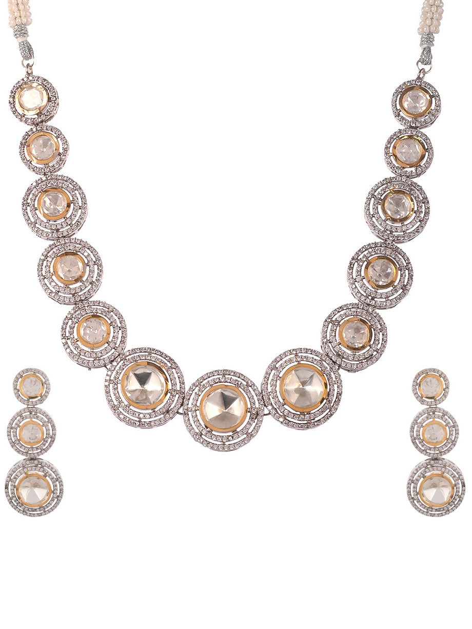 Silver Plated White American Diamond Stone Studded Choker Jewellery Set