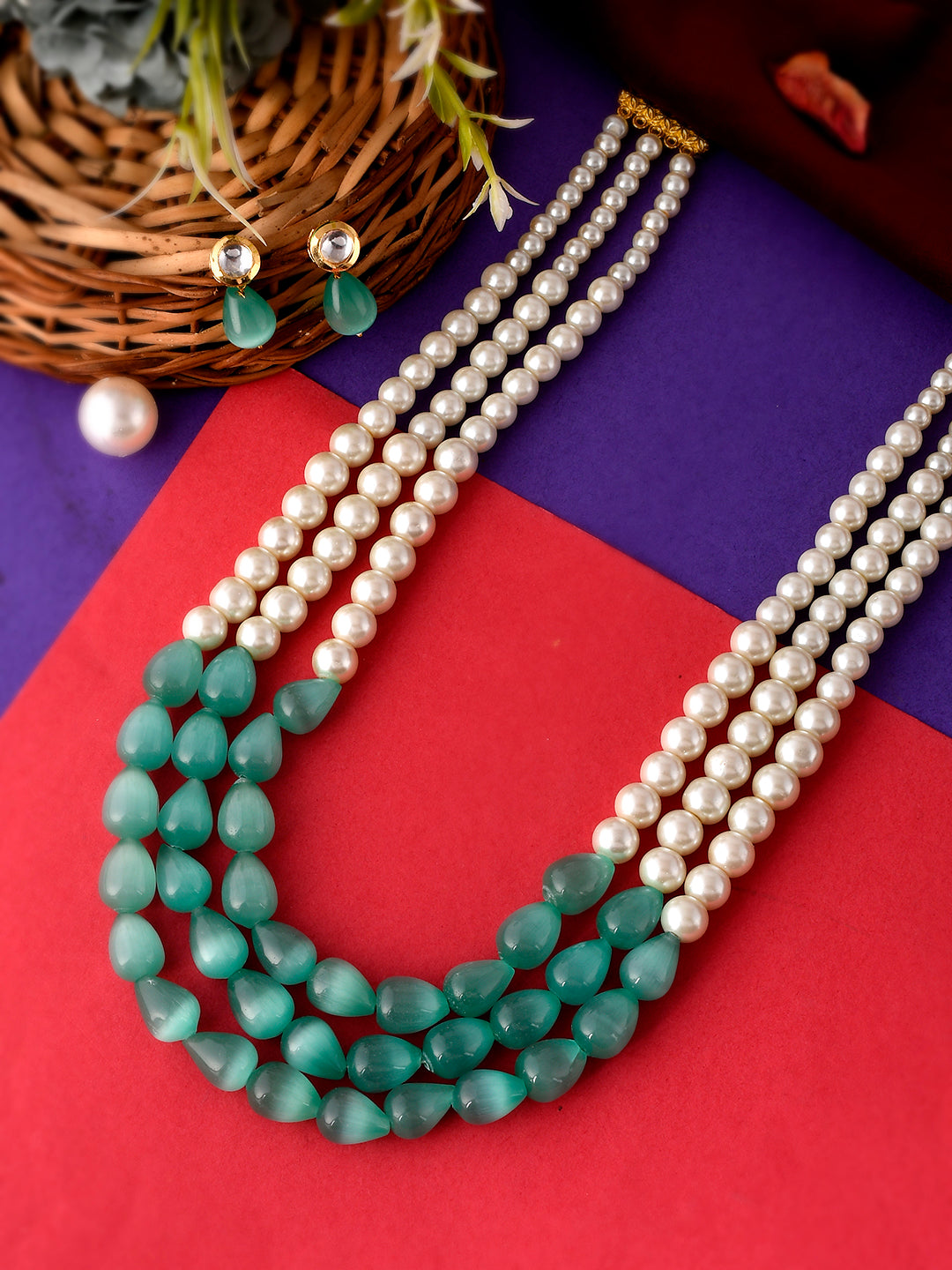 Gold Plated Green Pearl Beaded Layered Long Jewellery Set