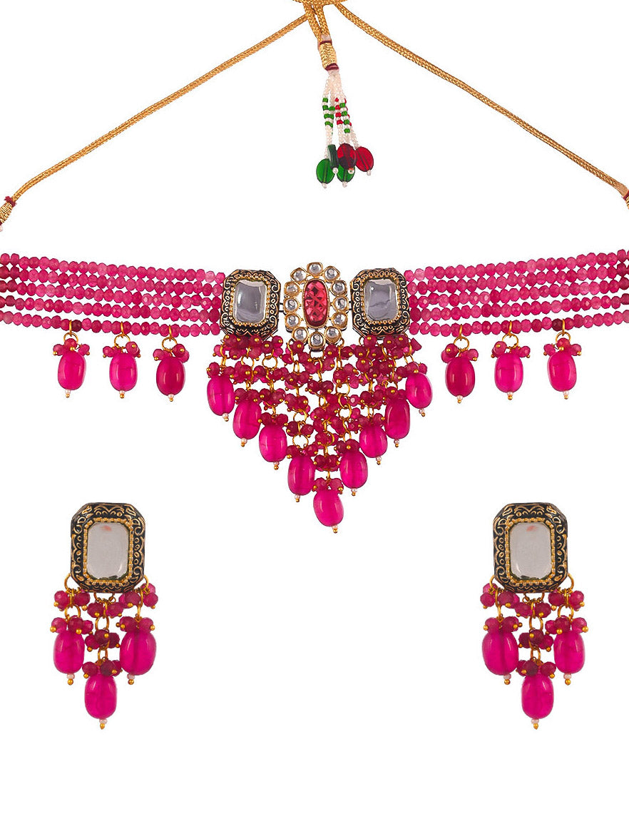 Gold Plated Pink White Artificial Stones And Beads Stone Studded Choker Jewellery Set