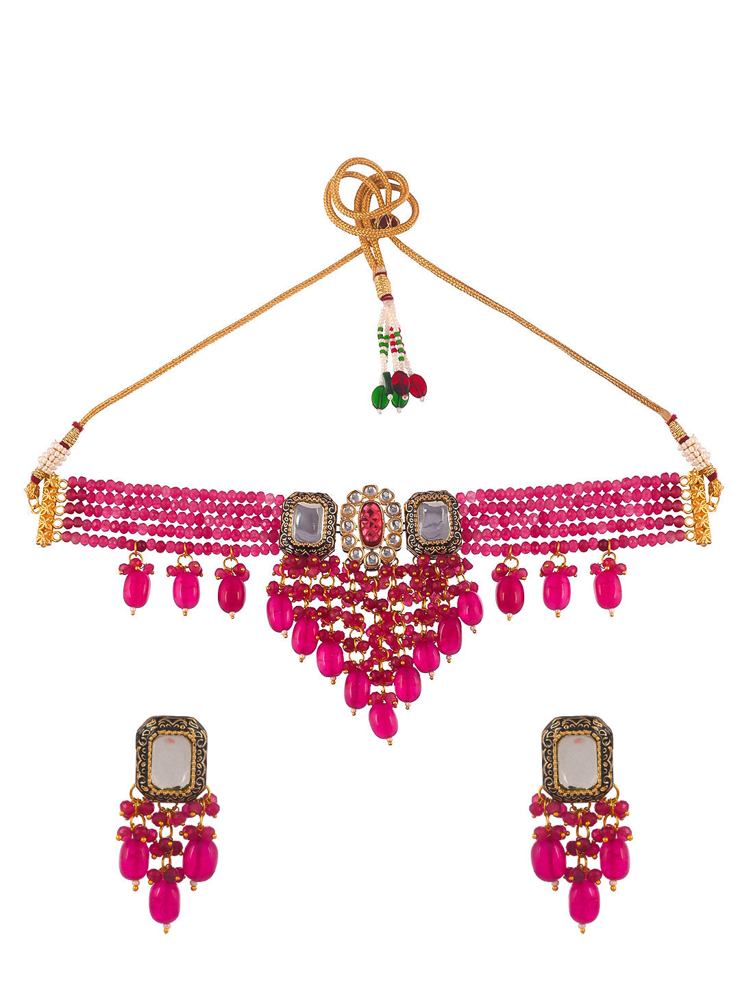 Gold Plated Pink White Artificial Stones And Beads Stone Studded Choker Jewellery Set