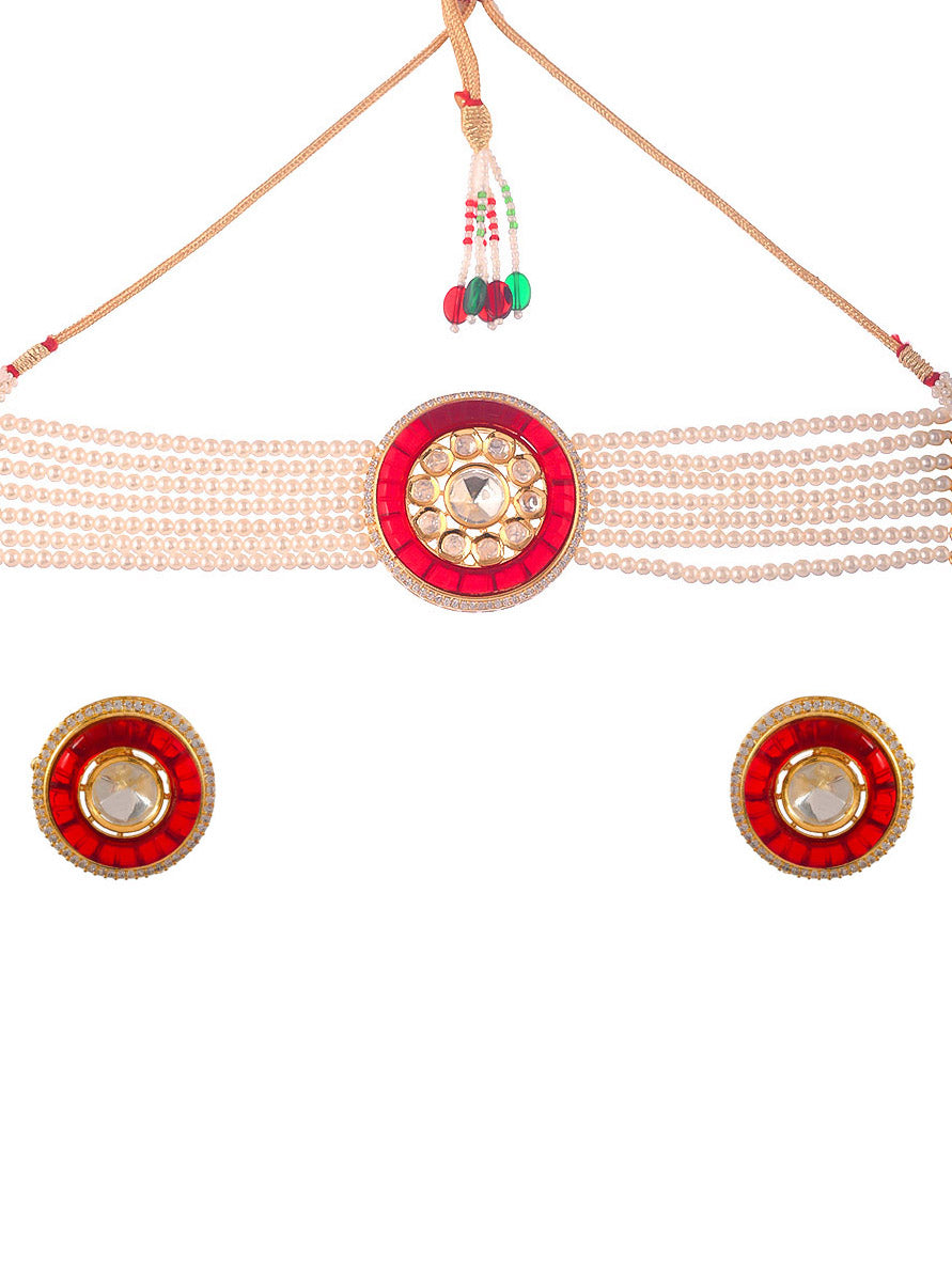 Gold Plated Red White Kundan Stone Studded Choker Jewellery Set