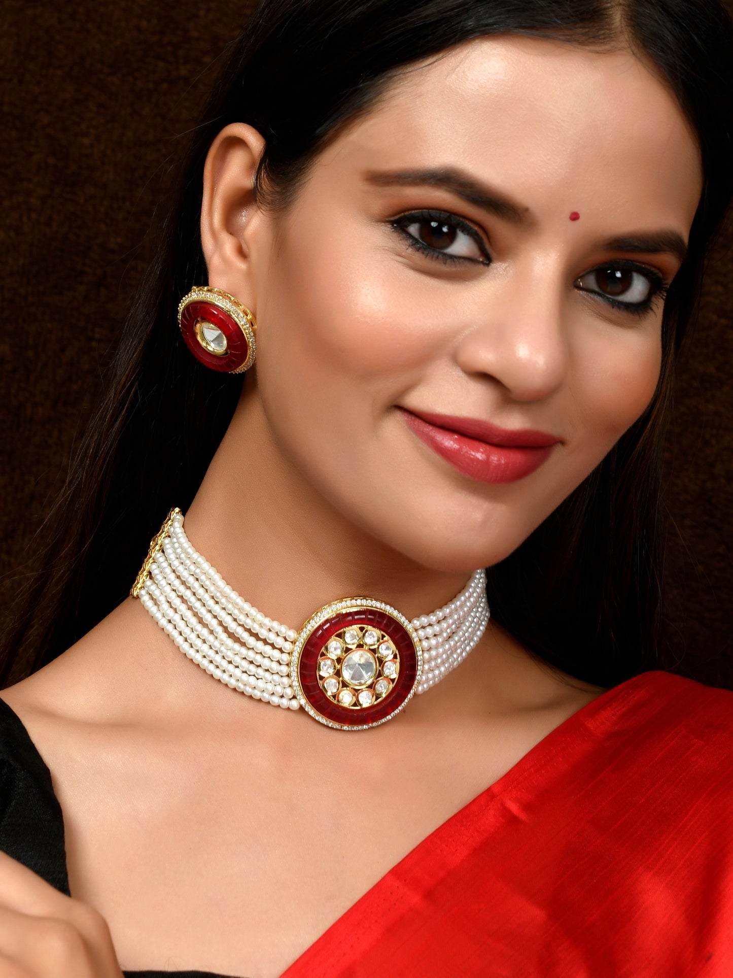 Gold Plated Red & White Kundan Stone Studded Choker Jewellery Sets for Women Online
