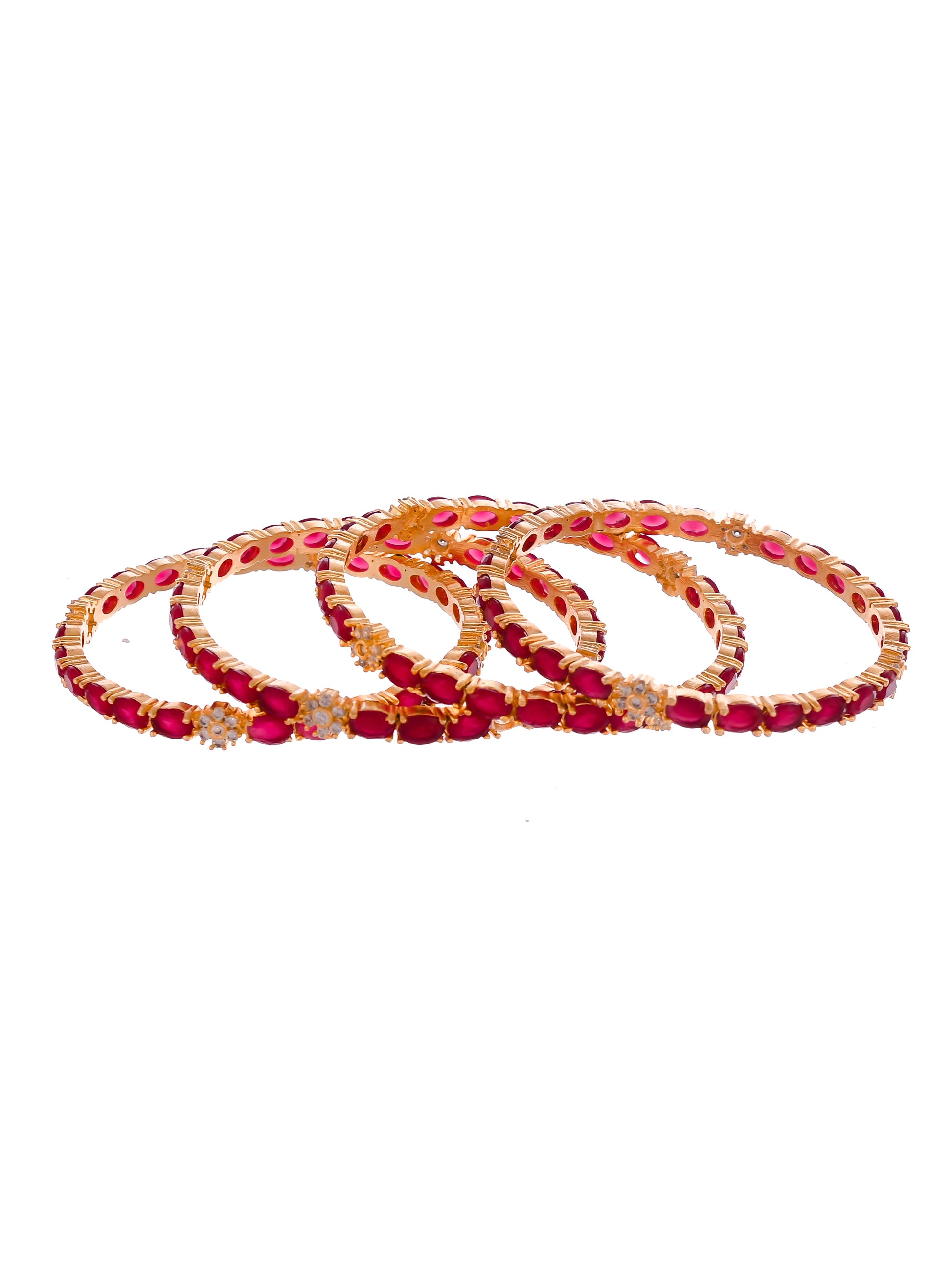 Set Of 4 Gold Plated Red Stone Studded Handcrafted Bangles