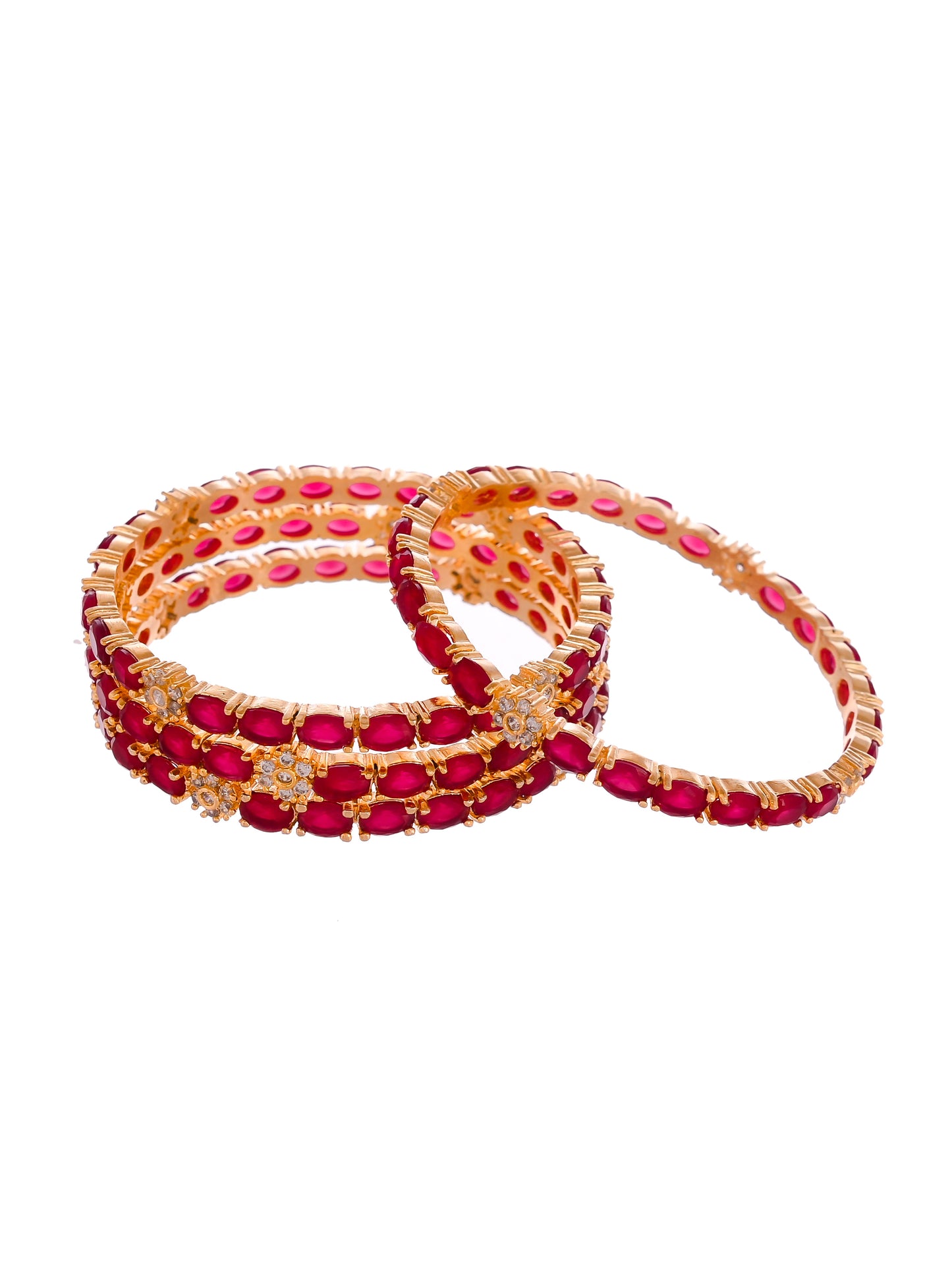 Set Of 4 Gold Plated Red Stone Studded Handcrafted Bangles