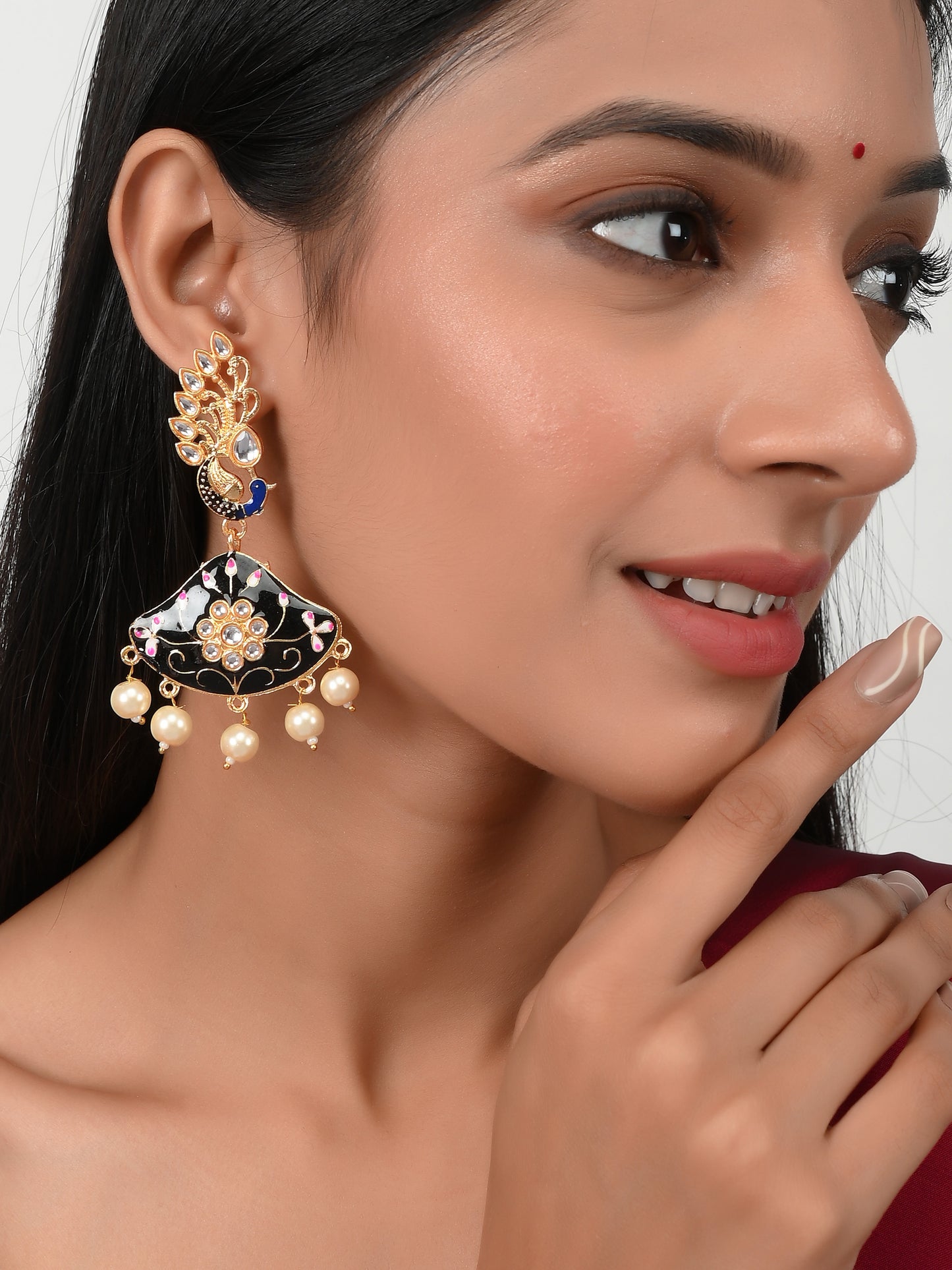 Gold Plated Handpainted Kundan Ethnic Peacock Drop Earring