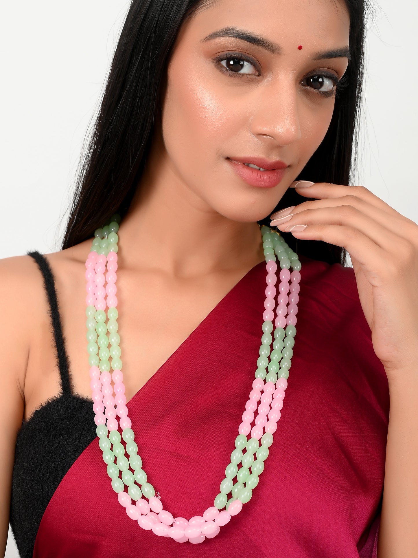 Unisex Gold Toned Pink Green Long Layered Necklace