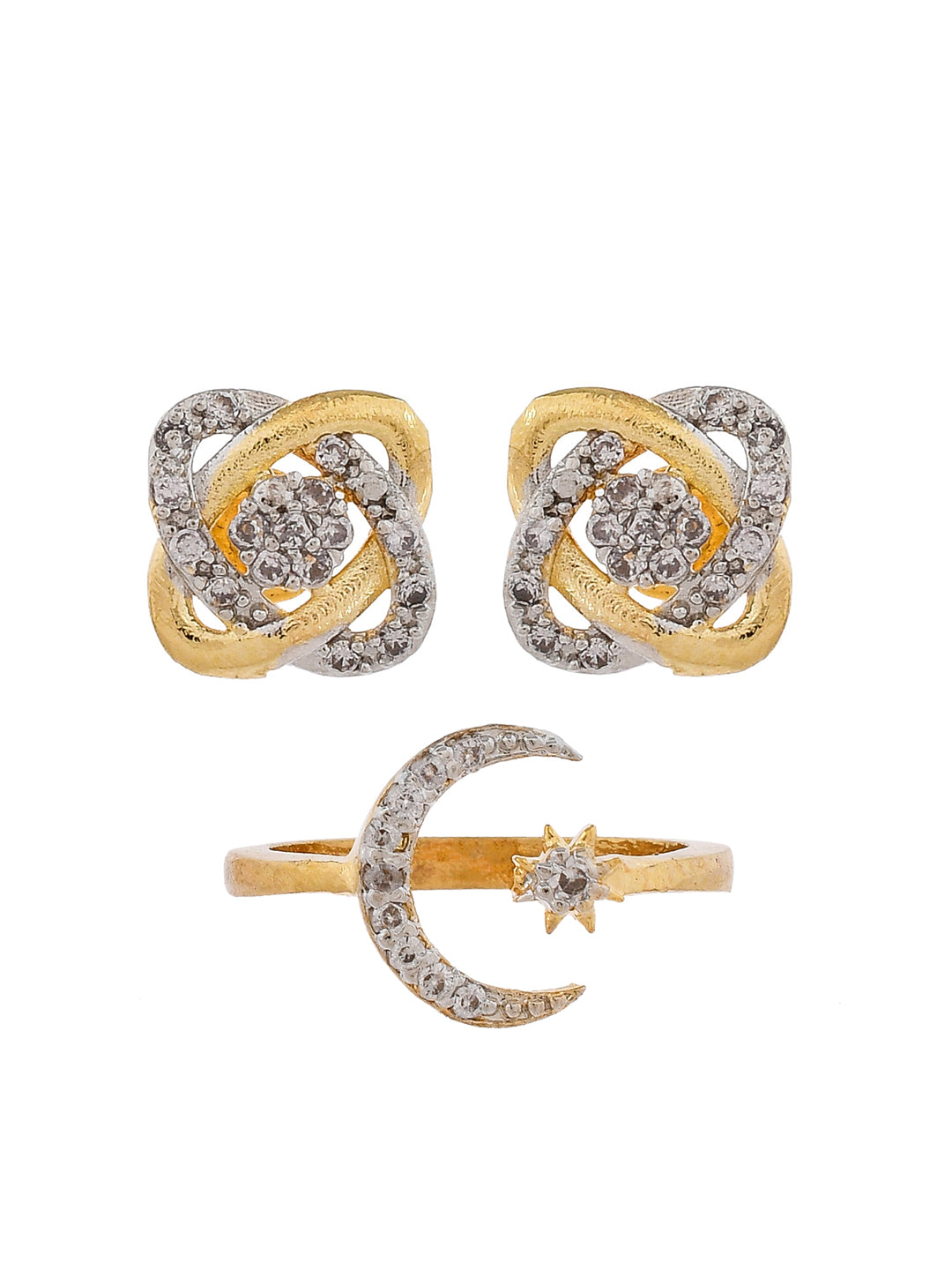 Gold Plated Cubic Zirconia Finger Ring With Earrings