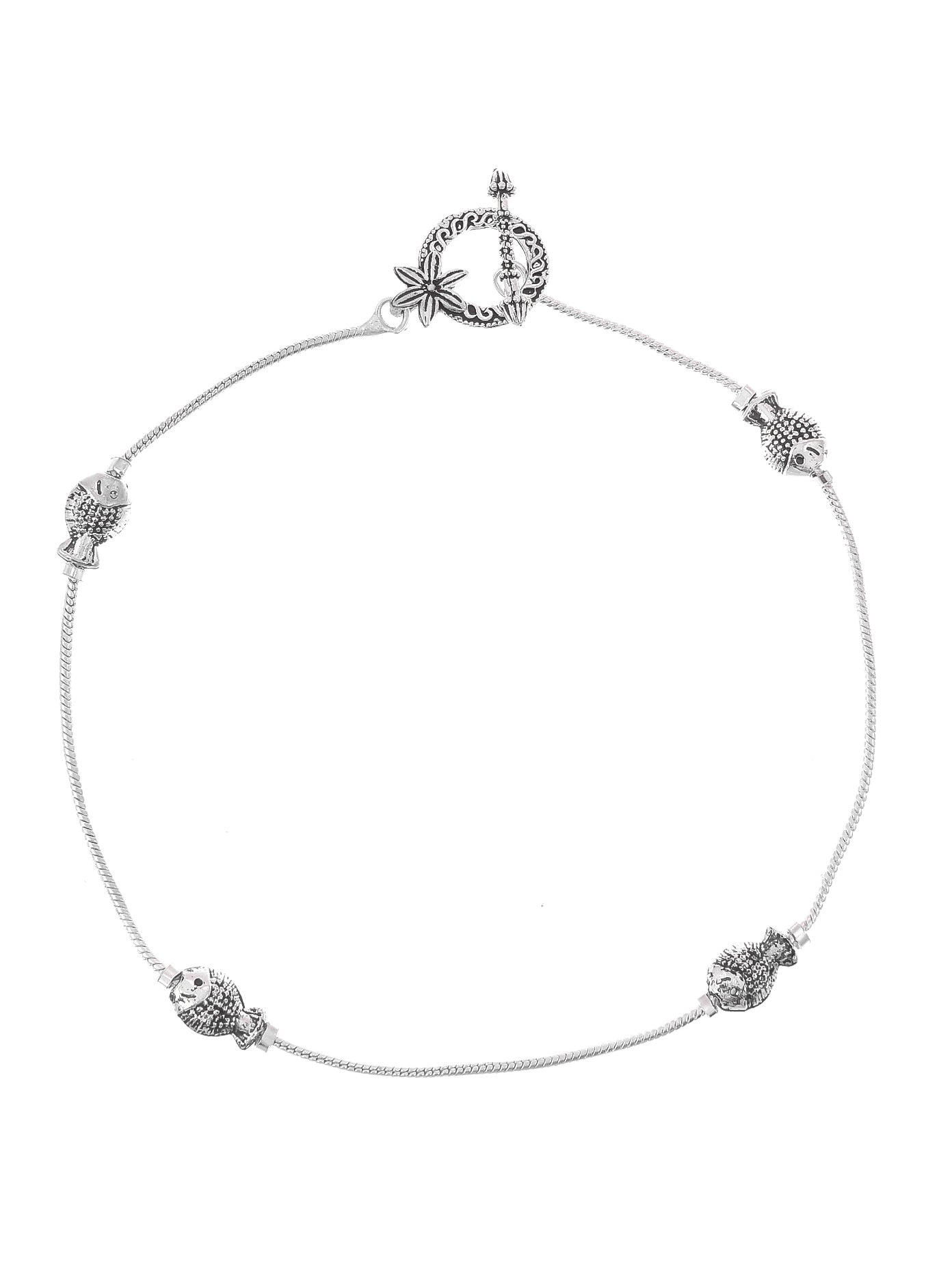 Silver Toned Handcrafted Anklet With Fish Charm Beads