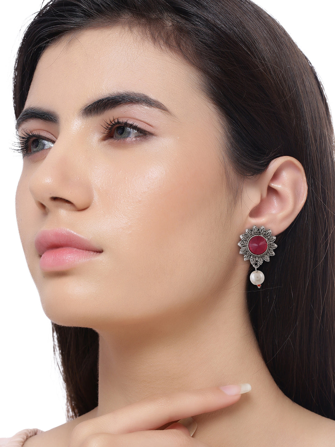 Red Stone Oxidised Pearl Drop Earrings For Womens